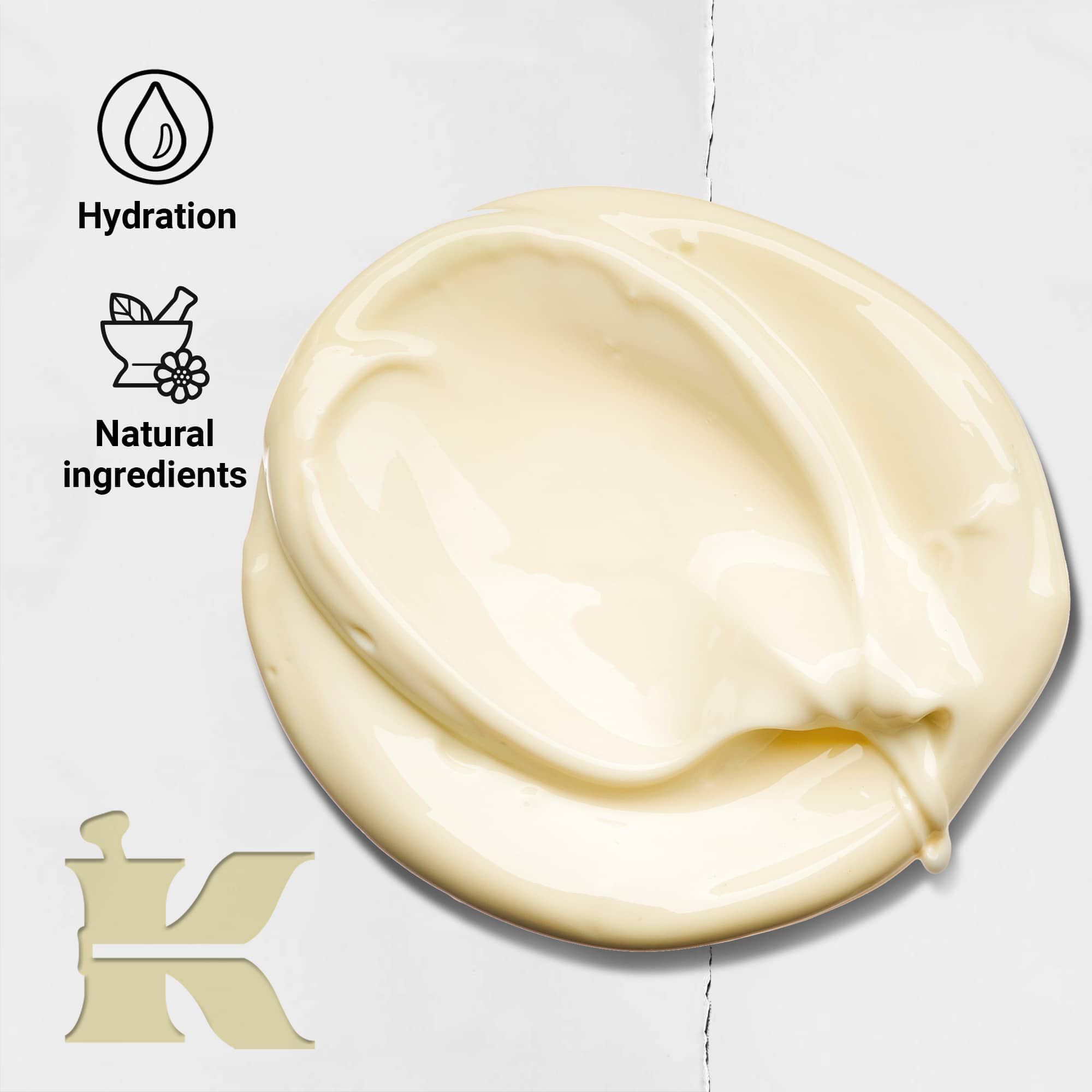 Creme de Corps texturafoto ikonokkal, amelyek jelzik, hogy hidratalast biztosit es termeszetes osszetevőket tartalmaz