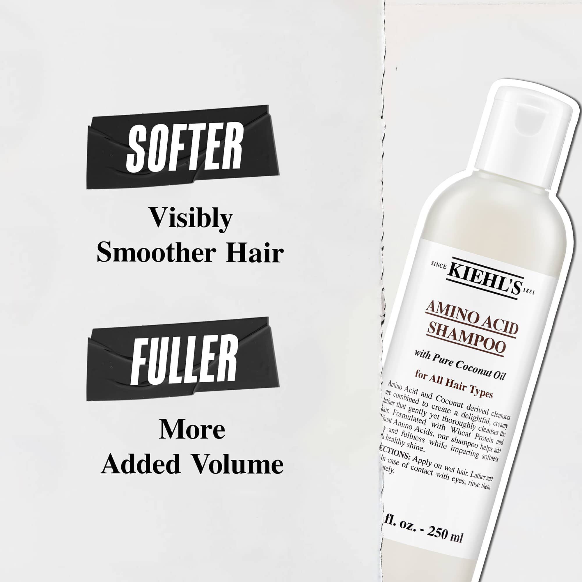 Kiehl's Amino Acid samponos flakon a kovetkező előnyokkel: „Puhabb, lathatoan simabb haj” es „Dusabb, megnovelt volumen”