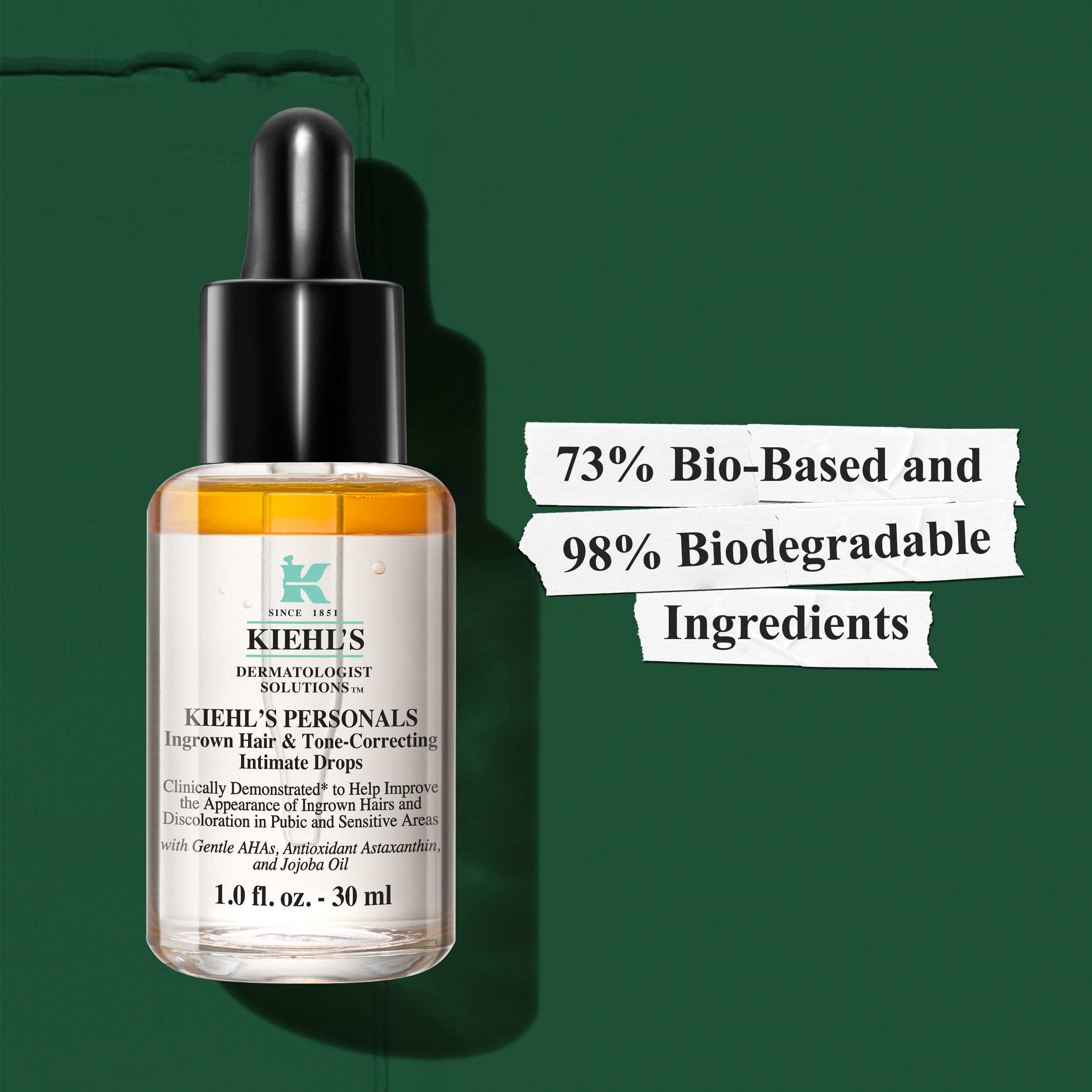Sustainability Illustration – Drops bottle, 73% Bio-based, 98% Biodegradable Ingredients