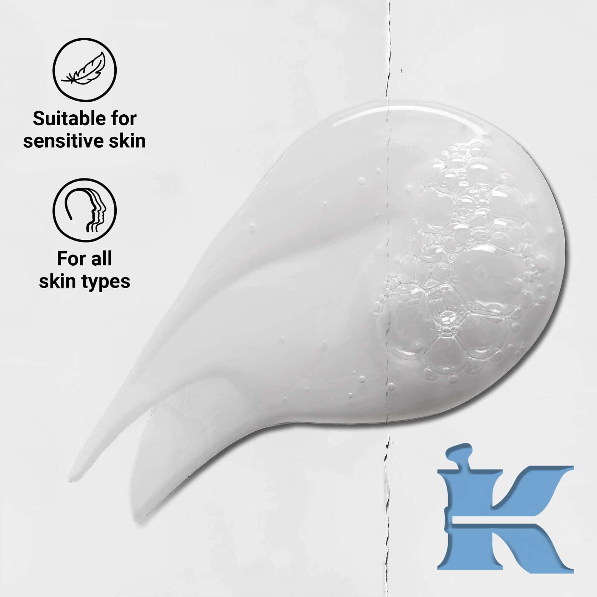 A Kiehl's Ultra Facial Cleanser texturafotoja ikonokkal: minden bőrtipusra es erzekeny bőrre is alkalmas