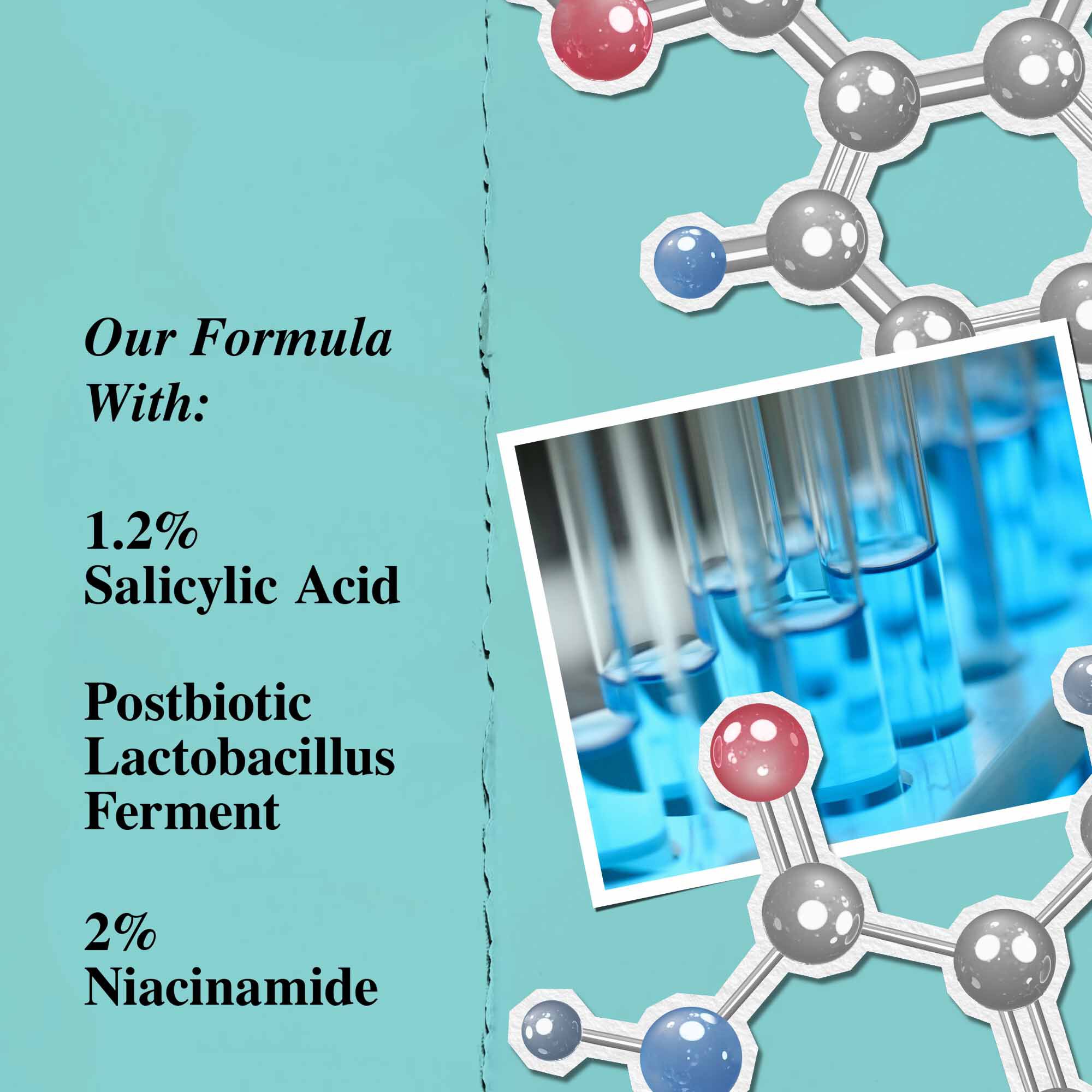 Az Expertly Clear Blemish-Treating & Preventing Lotion kulcsfontossagu osszetevőit, koztuk a szalicilsavat, a posztbiotikus Lactobacillus fermentet es a niacinamidot kiemelő grafika.