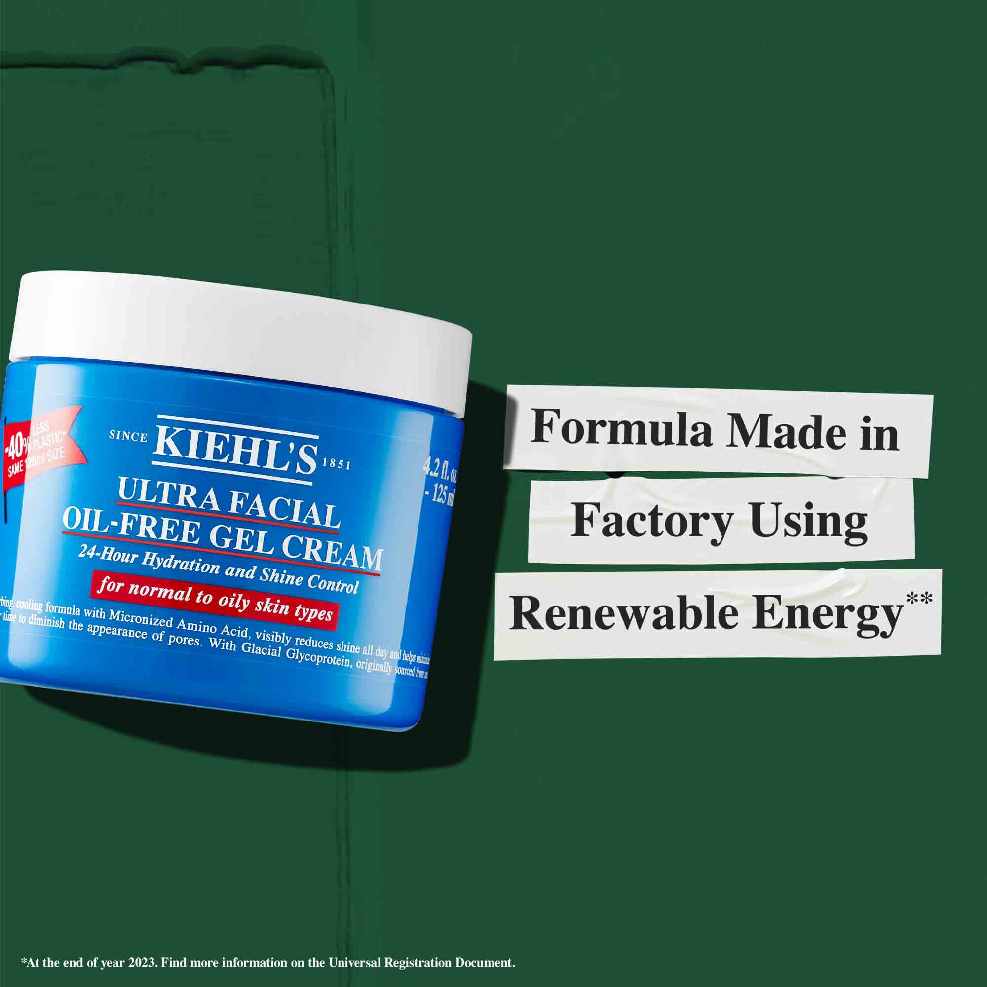 Egy Ultra Facial Oil-Free Gel Cream tegely a „Megujulo energiat hasznalo gyarban keszult formula” szoveggel.