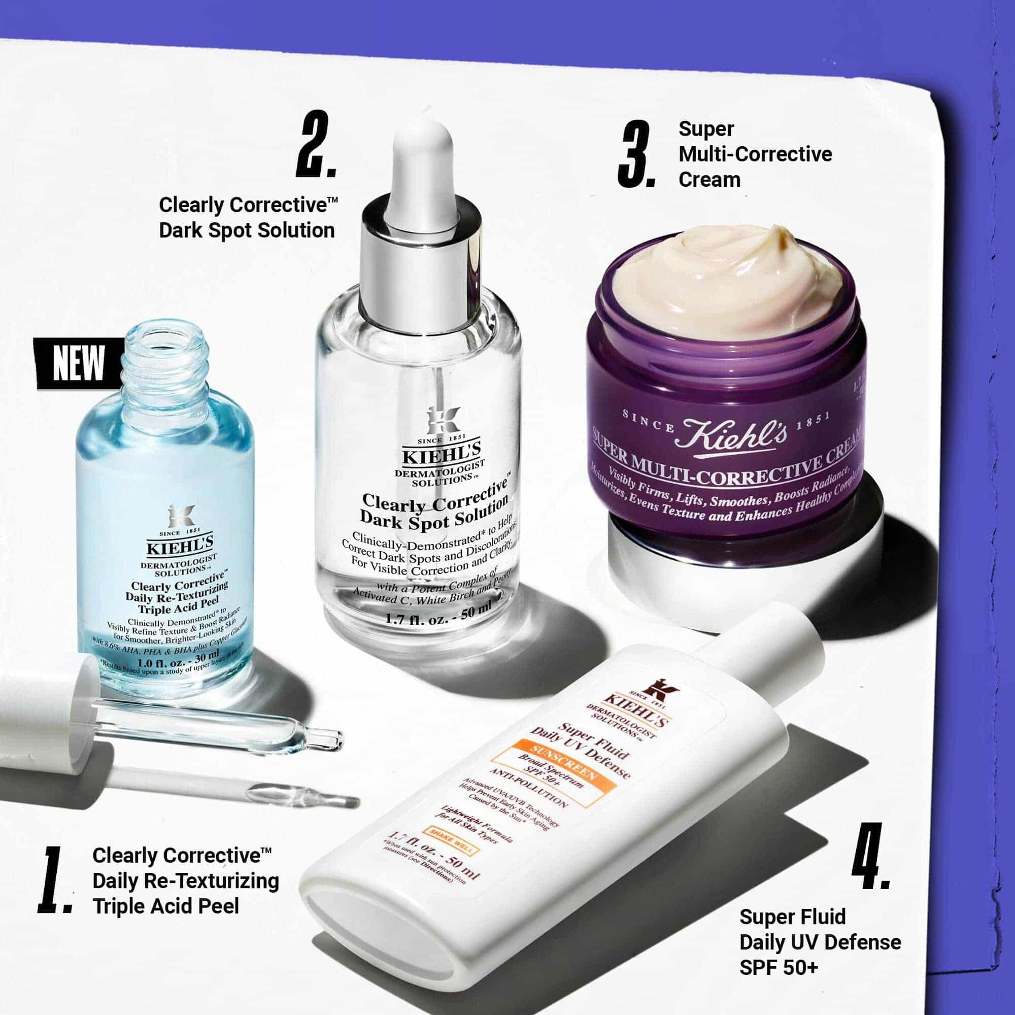 Negy lepeses bőrapolasi rutin a Clearly Corrective Dark Spot Solution hasznalataval.