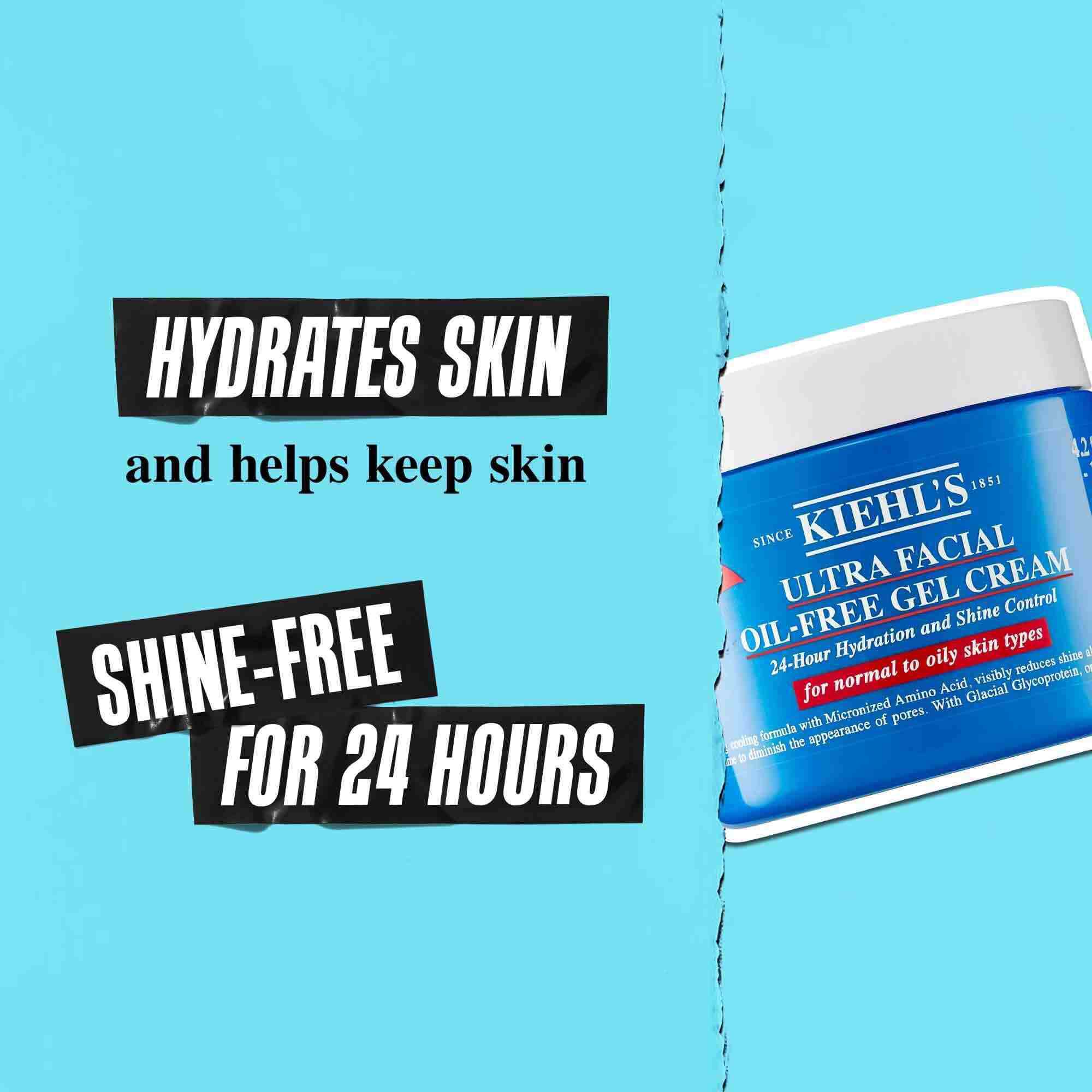 Egy Ultra Facial Oil-Free Gel Cream tegely kek hatter előtt, a szoveg jelentese: „Hidratalja a bőrt es segit 24 oran at fenymentesen tartani.”