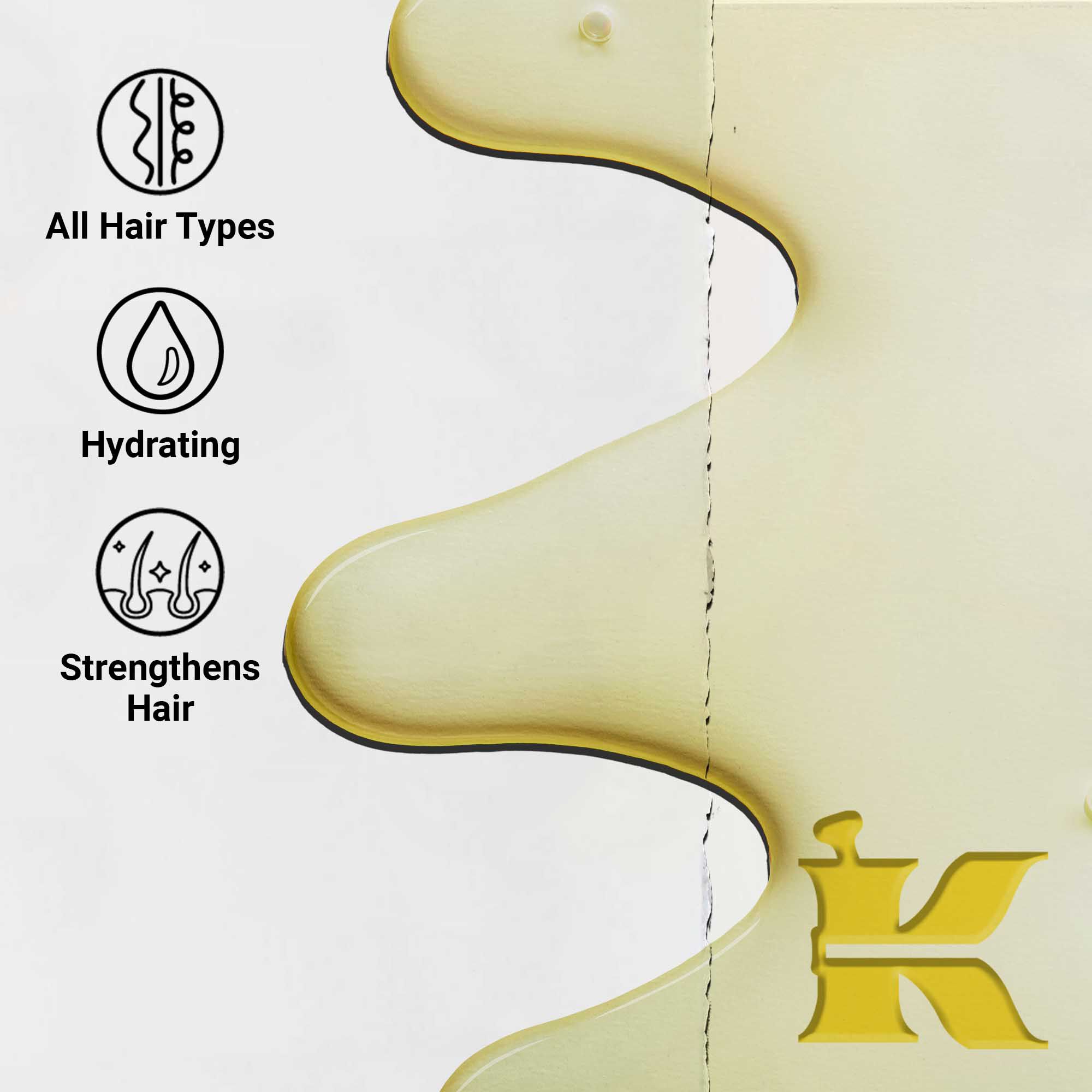 A Magic Elixir Hair Oil texturajanak kozelkepe. A szoveg kiemeli, hogy hidratalo, konnyu es minden hajtipus texturajanak javitasara terveztek.