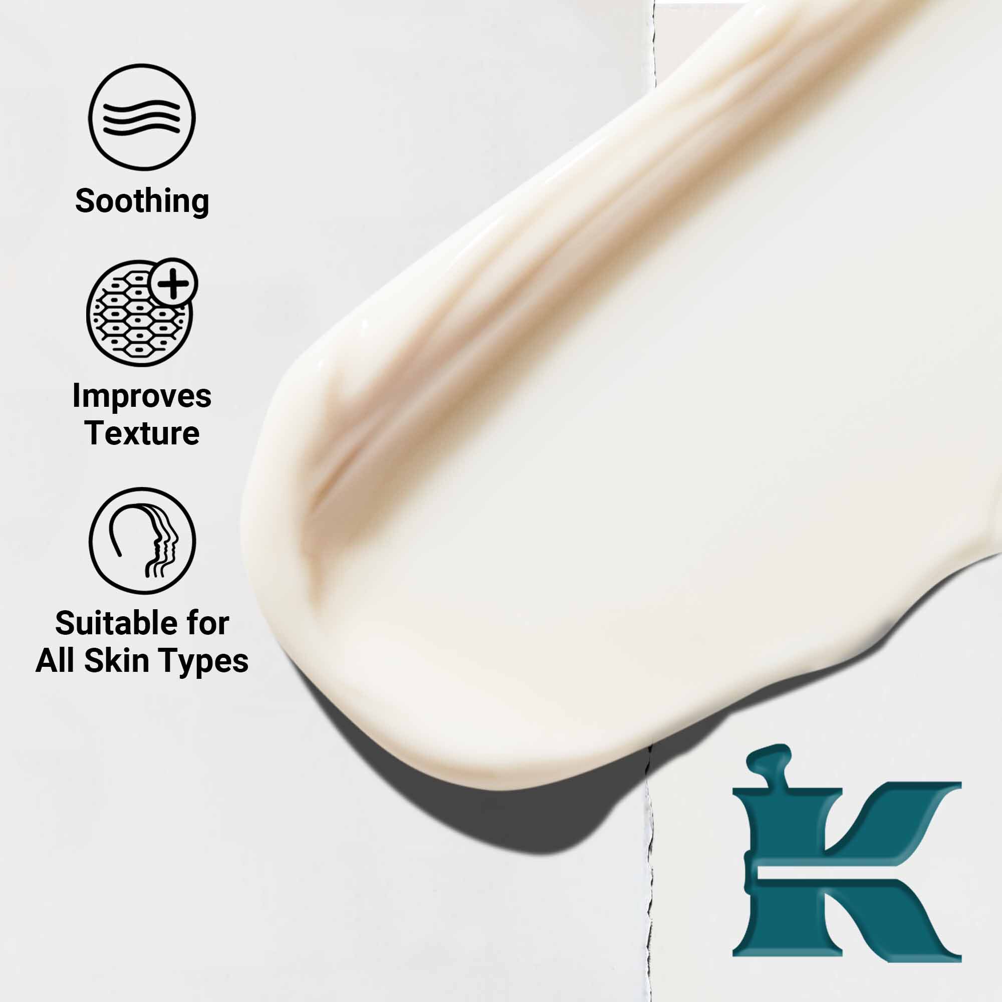 A Kiehl's Close Shavers Squadron Smooth Glider Precision Shave Lotion texturajanak kozelkepe. A szoveg kiemeli simito es texturajavito tulajdonsagait, minden bőrtipusra alkalmas.