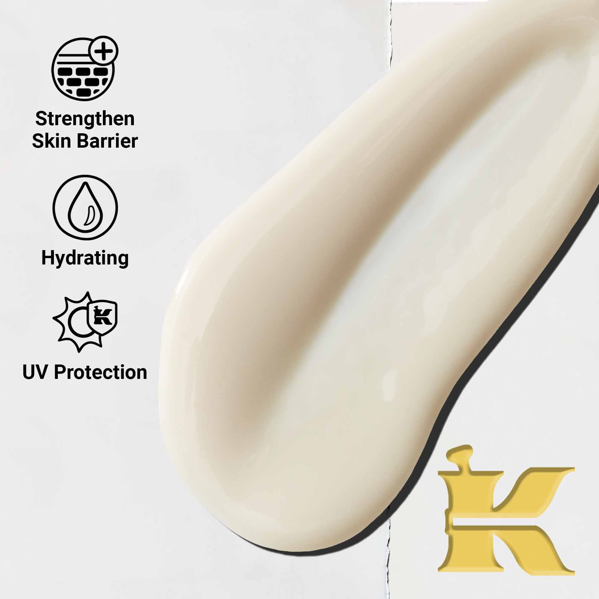 Az Ultra-Light Daily UV Defense texturajanak kozelkepe. A szoveg kiemeli konnyu, hidratalo es szeles spektrumu UV-vedelmet.