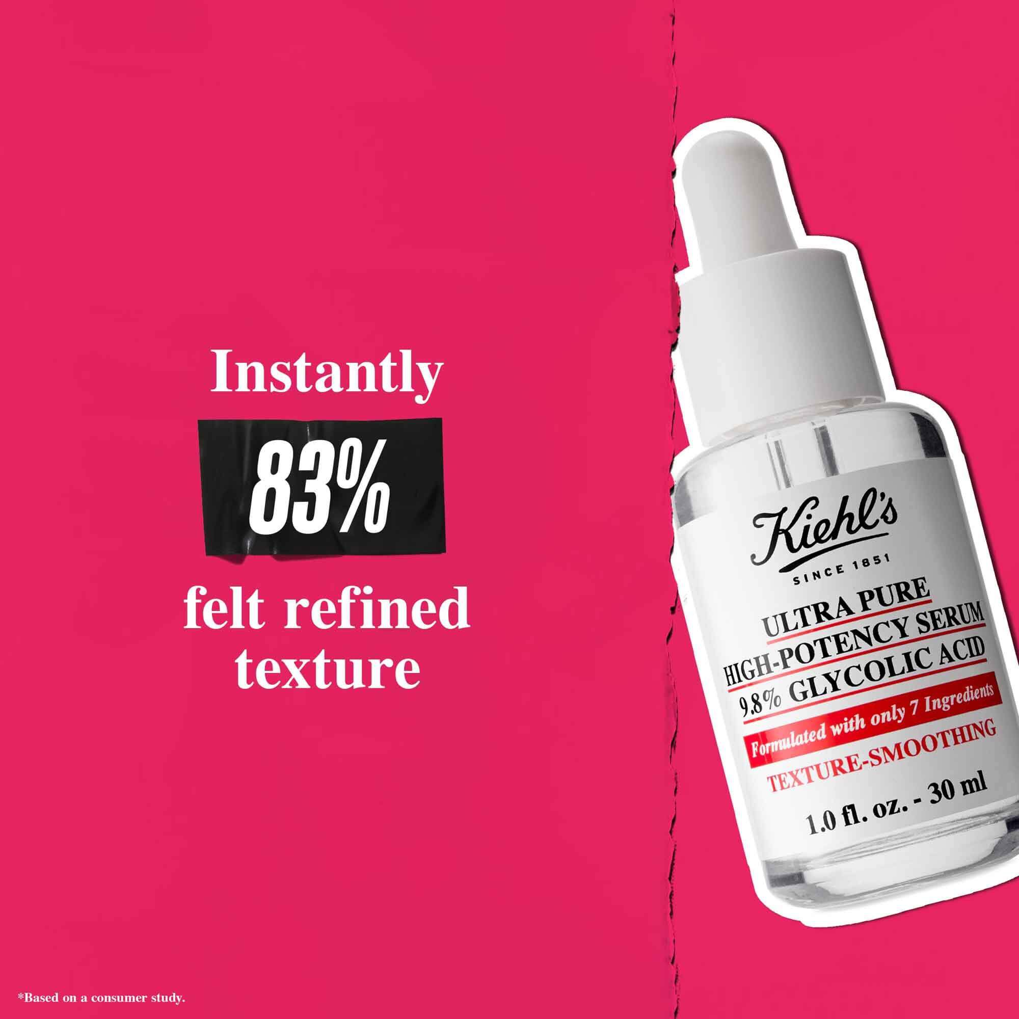 Egy Ultra Pure 9.8% Glycolic Acid Serum flakon rozsaszin hatter előtt, a szoveg jelentese: „Azonnal 83% erezte a finomitott texturat.”