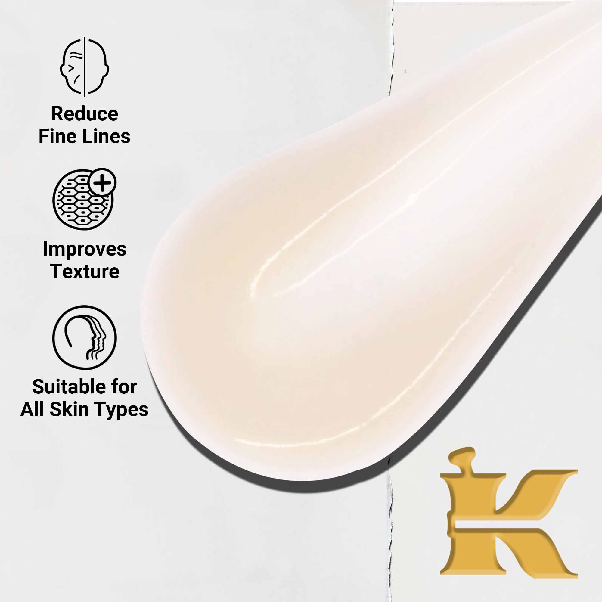 A Powerful-Strength Line-Reducing Concentrate texturajanak kozelkepe. A szoveg kiemeli a finom rancok csokkentesere, a textura javitasara valo kepesseget, valamint azt, hogy minden bőrtipusra alkalmas.