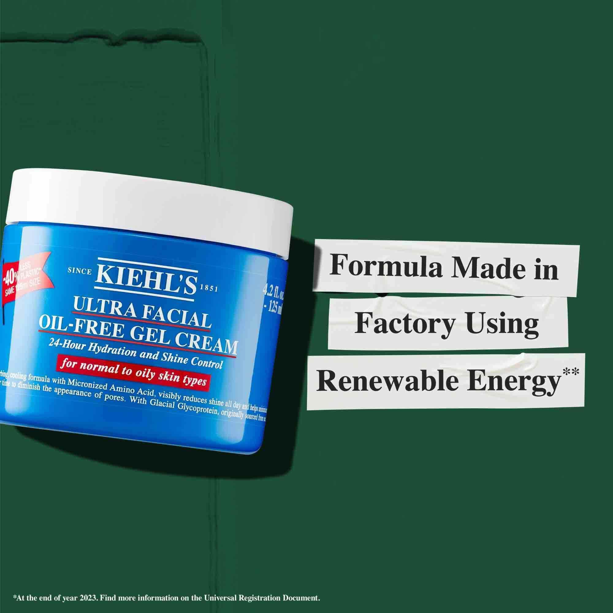Egy Ultra Facial Oil-Free Gel Cream tegely a „Megujulo energiat hasznalo gyarban keszult formula” szoveggel.
