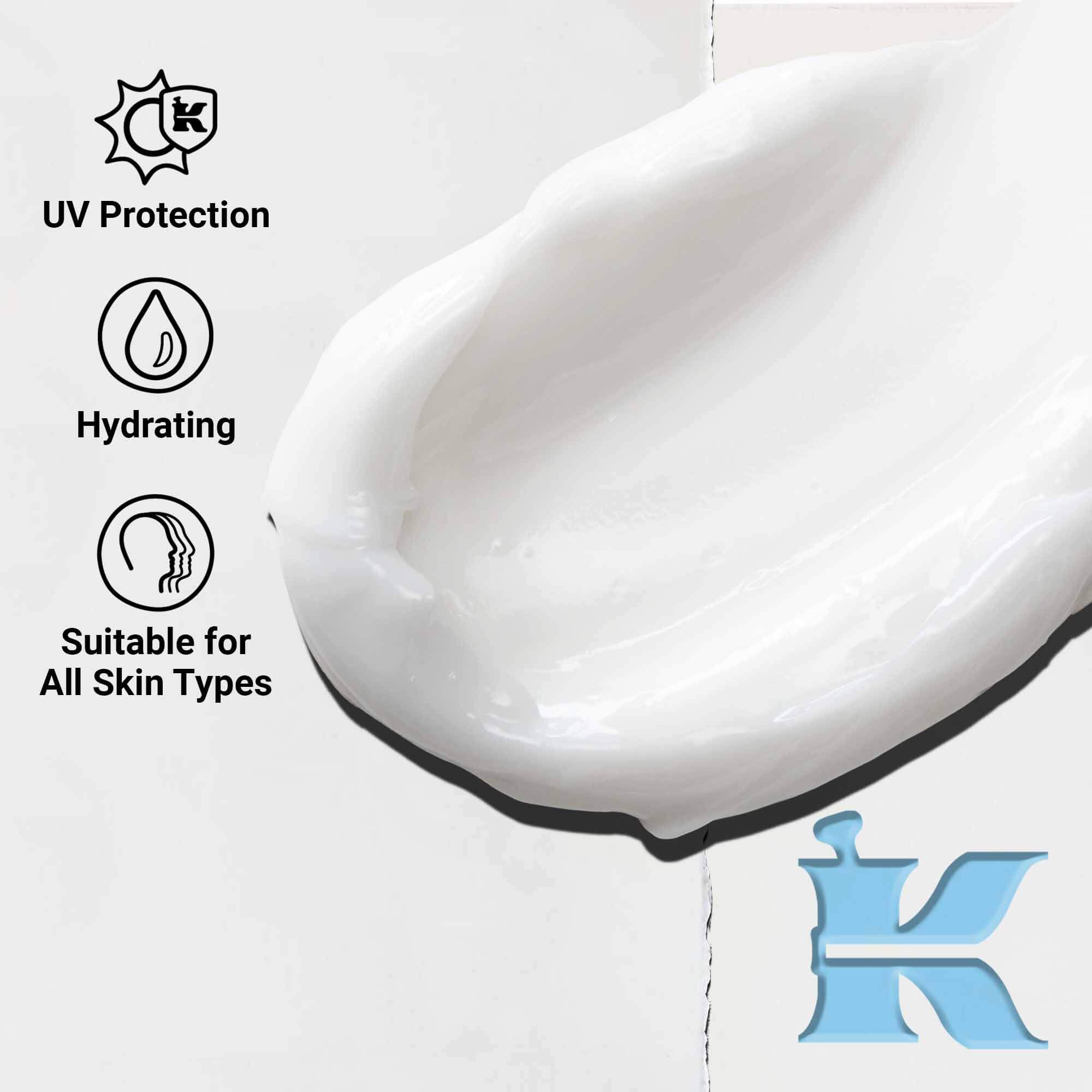 Az Ultra Facial Cream SPF 30 texturajanak kozelkepe, amely konnyu, kremes formulat mutat. A szoveg kiemeli az UV-vedelmet es a hidratalo hatast.