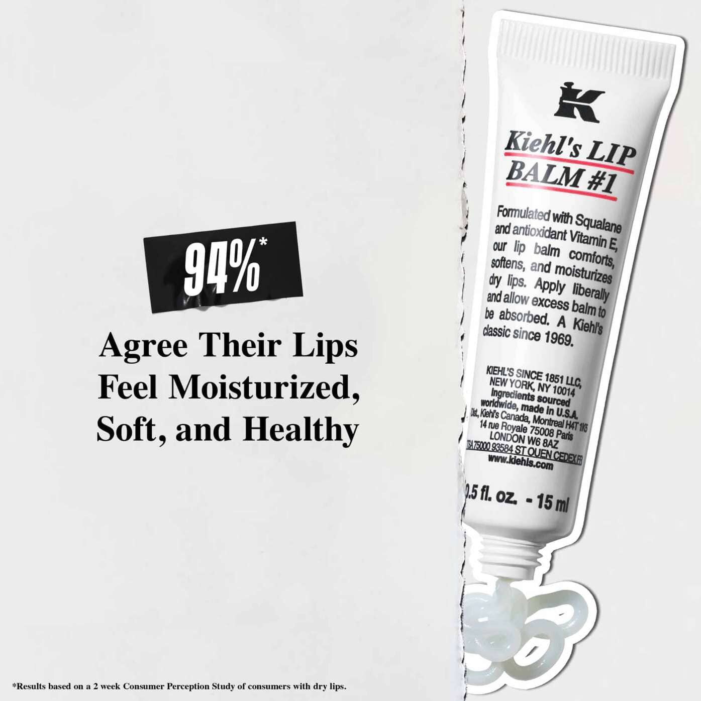 Egy Lip Balm #1 tubus feher hatter előtt, a szoveg jelentese: „94% egyetert abban, hogy ajkai hidrataltnak, puhanak es egeszsegesnek erződnek.”