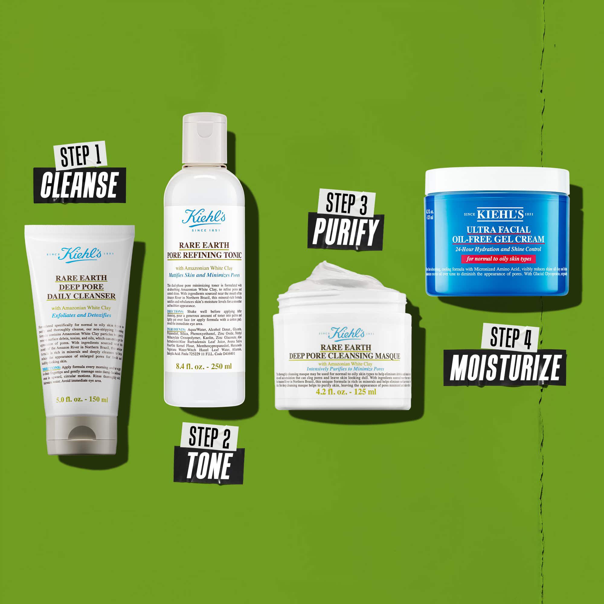 Negy Kiehl's termek, amelyek egy bőrapolasi rutint alkotnak. Balrol jobbra: Rare Earth Deep Pore Cleanser, Rare Earth Pore Minimizing Lotion, Rare Earth Pore Cleansing Masque es Ultra Facial Oil-Free Gel Cream.