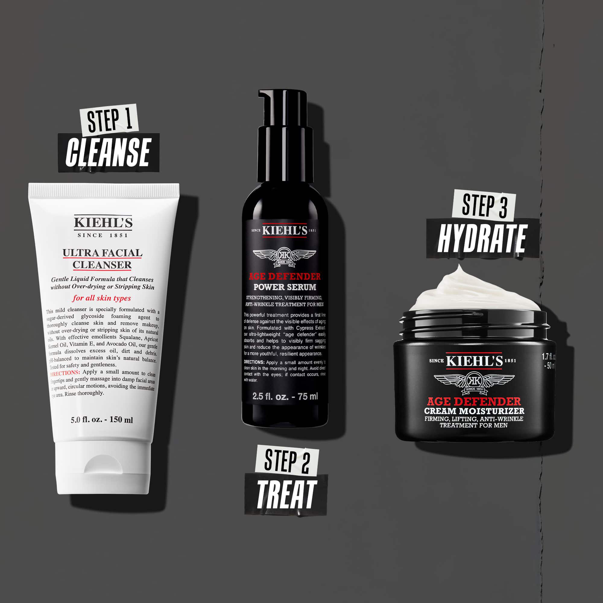 Haromlepeses Age Defender rutin: 1. lepes: szemkornyekapolas. 2. lepes: hidratalo szerum. 3. lepes: regeneralo krem.