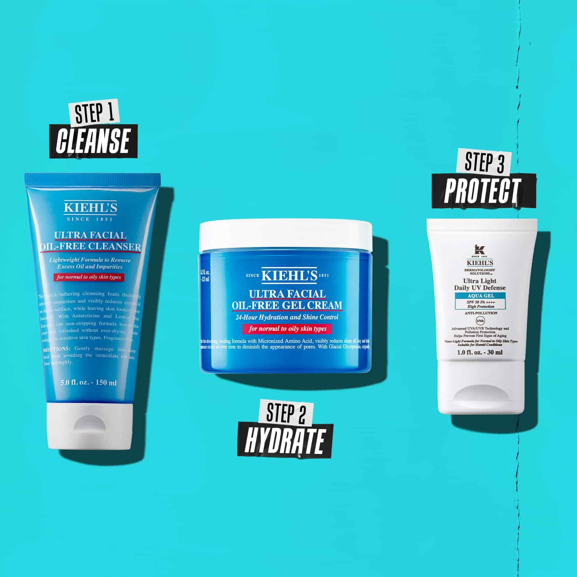 Haromlepeses rutin Kiehl's termekekkel. 1. lepes: Ultra Facial Oil-Free Cleanser. 2. lepes: Ultra Facial Oil-Free Gel Cream. 3. lepes: Ultra Light Daily UV Defense Aqua Gel.