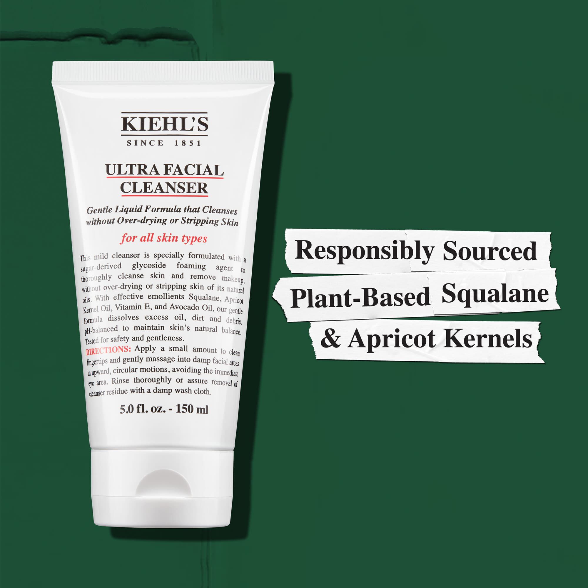 A Kiehl's Ultra Facial Cleanser felelősen beszerzett novenyi szkvalant es sargabarackmagot tartalmaz