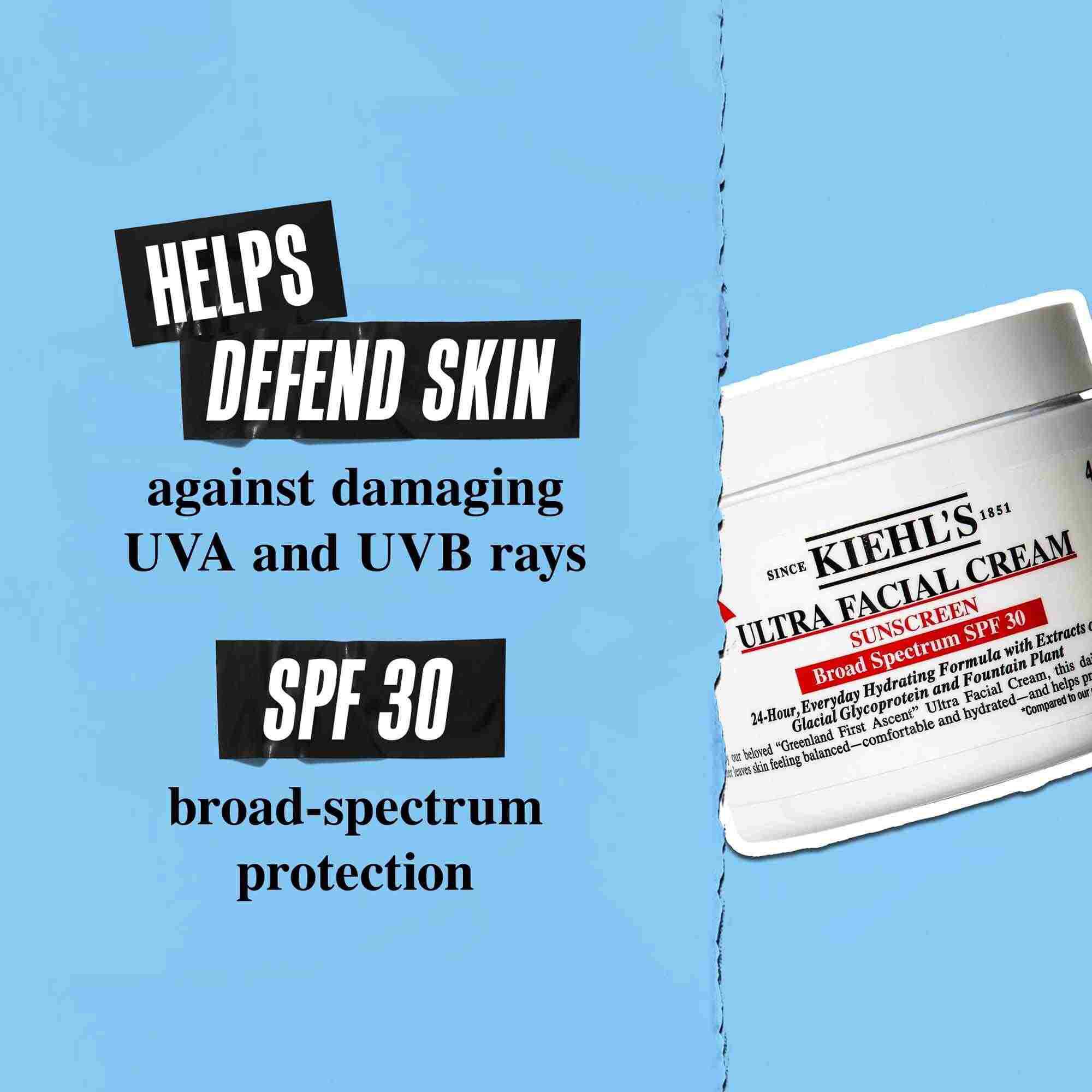 Egy Ultra Facial Cream SPF 30 tegely kek hatter előtt, a szoveg jelentese: „Segit megvedeni a bőrt a karos UVA es UVB sugaraktol. SPF 30 szeles spektrumu vedelem.”