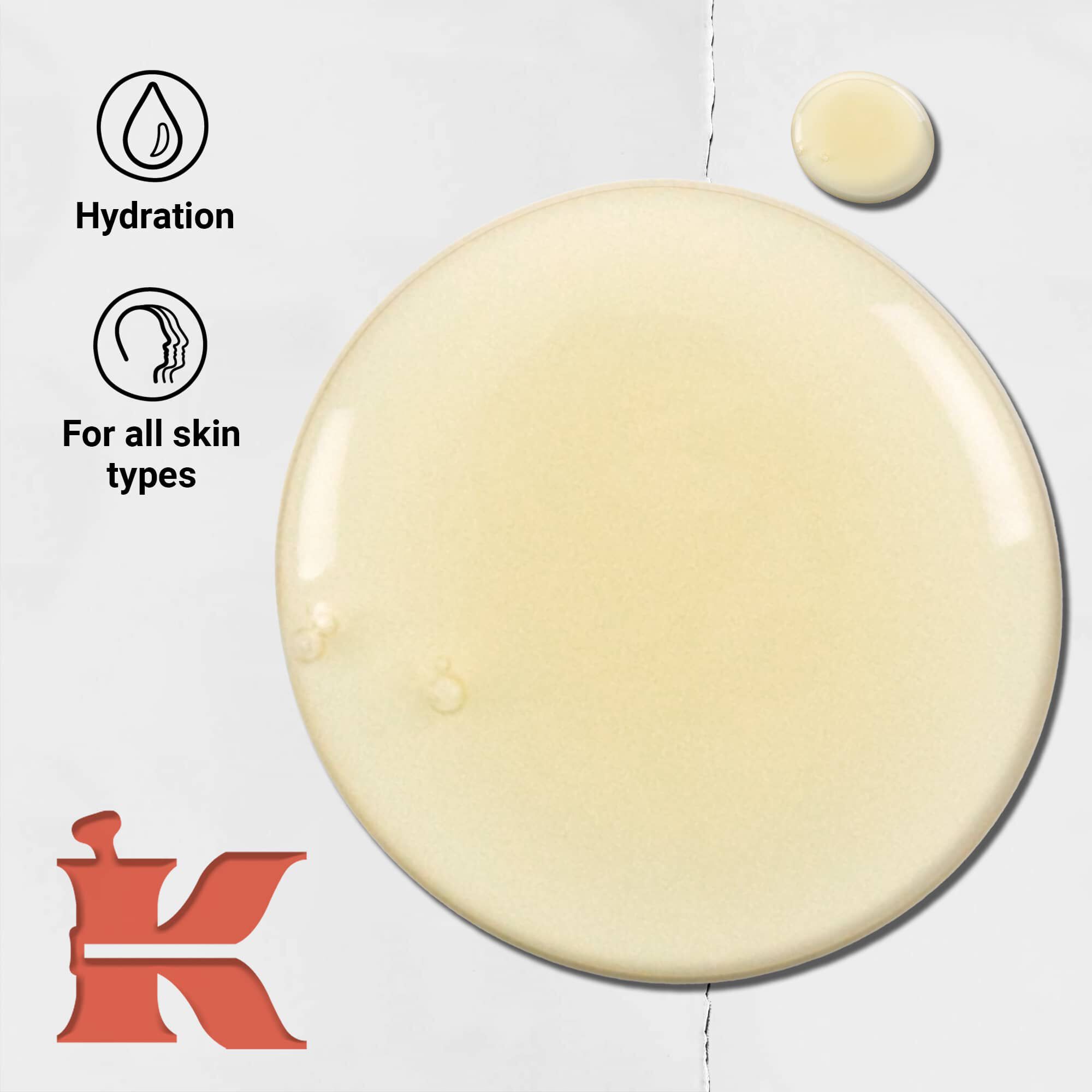 Grapefruit folyekony testtisztito texturafoto ikonokkal, amelyek jelzik a hidratalast es hogy minden bőrtipusra alkalmas