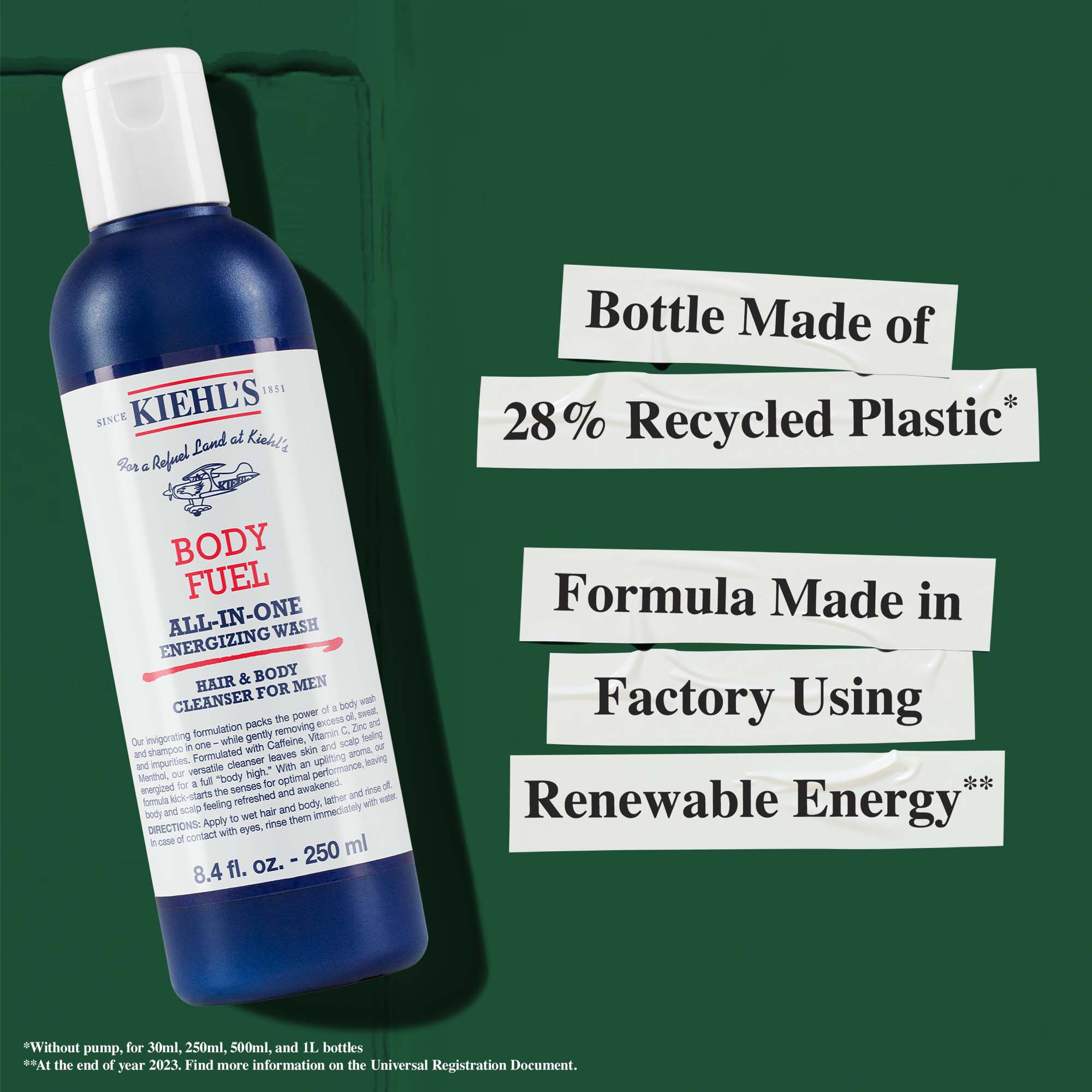 Body Fuel flakon 28%-ban ujrahasznositott muanyagbol; megujulo energiat hasznalo gyarban keszult formula.