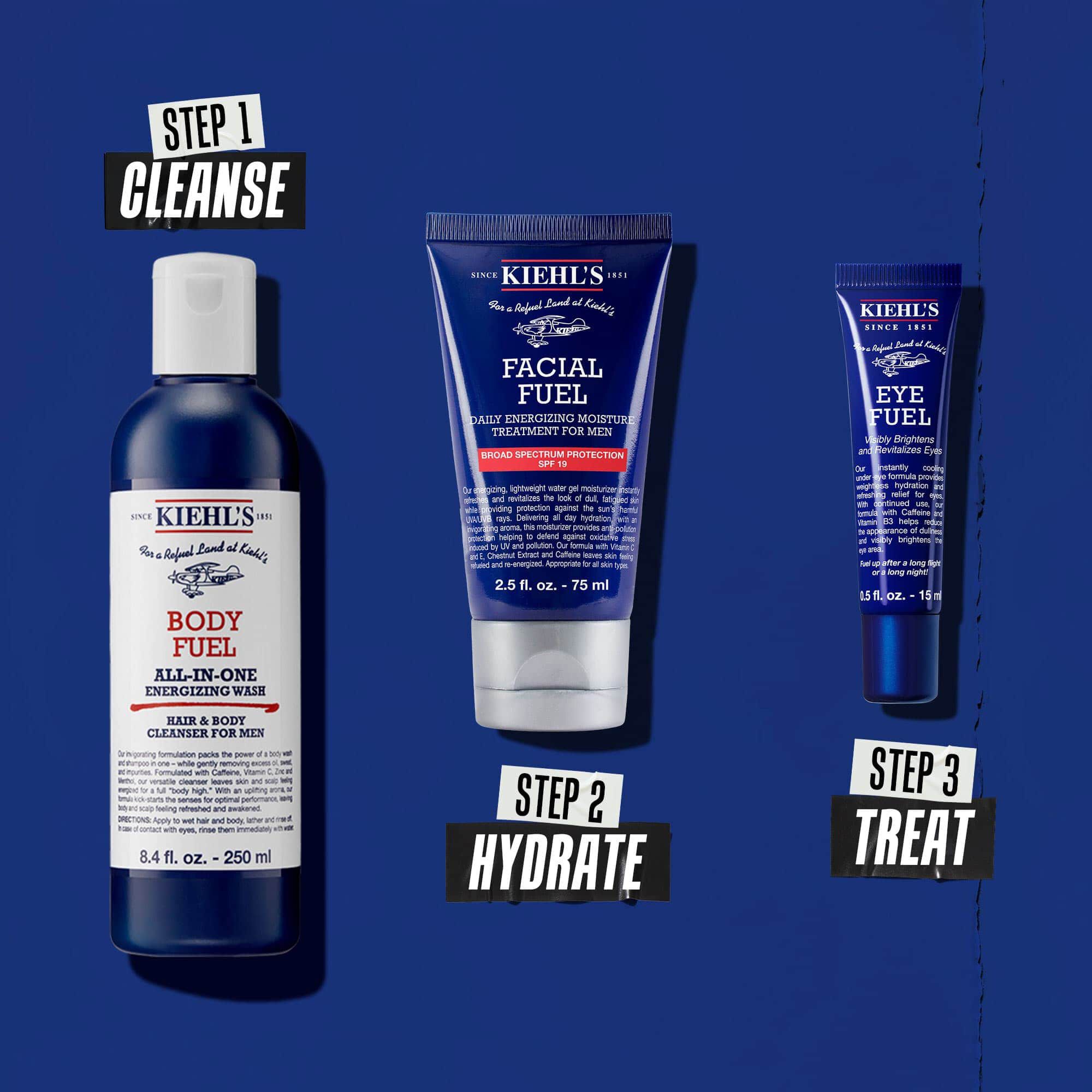 Haromlepeses Body Fuel rutin: 1. lepes: tisztitas. 2. lepes: hidratalas Facial Fuel Treatmenttel. 3. lepes: Facial Fuel Eye Fuel szemkornyekapolo.