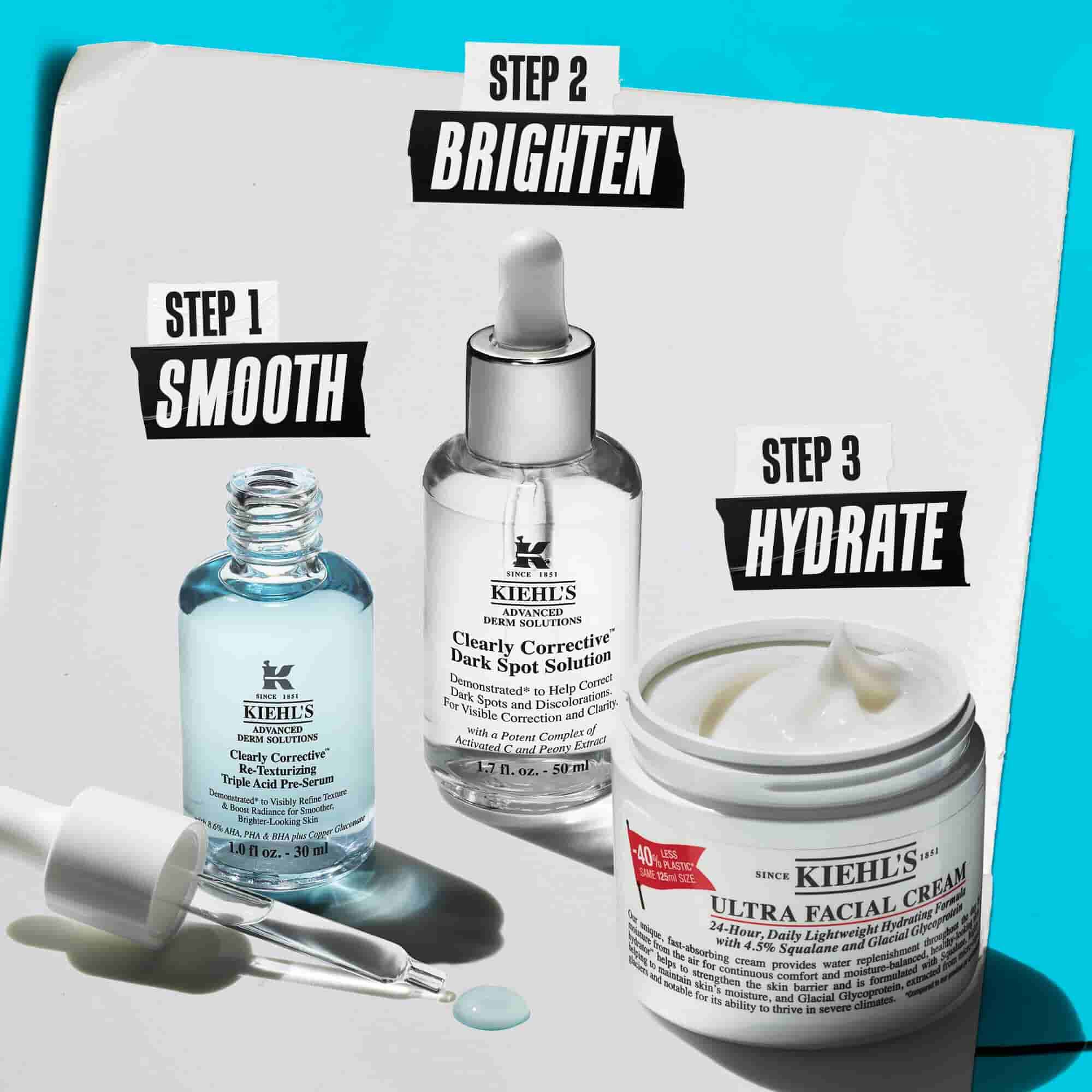 Ket Kiehl's termek feher feluleten, kek hatterrel: Clearly Corrective Triple Acid Peel es Retinol Skin-Renewing Daily Micro-Dose Serum.