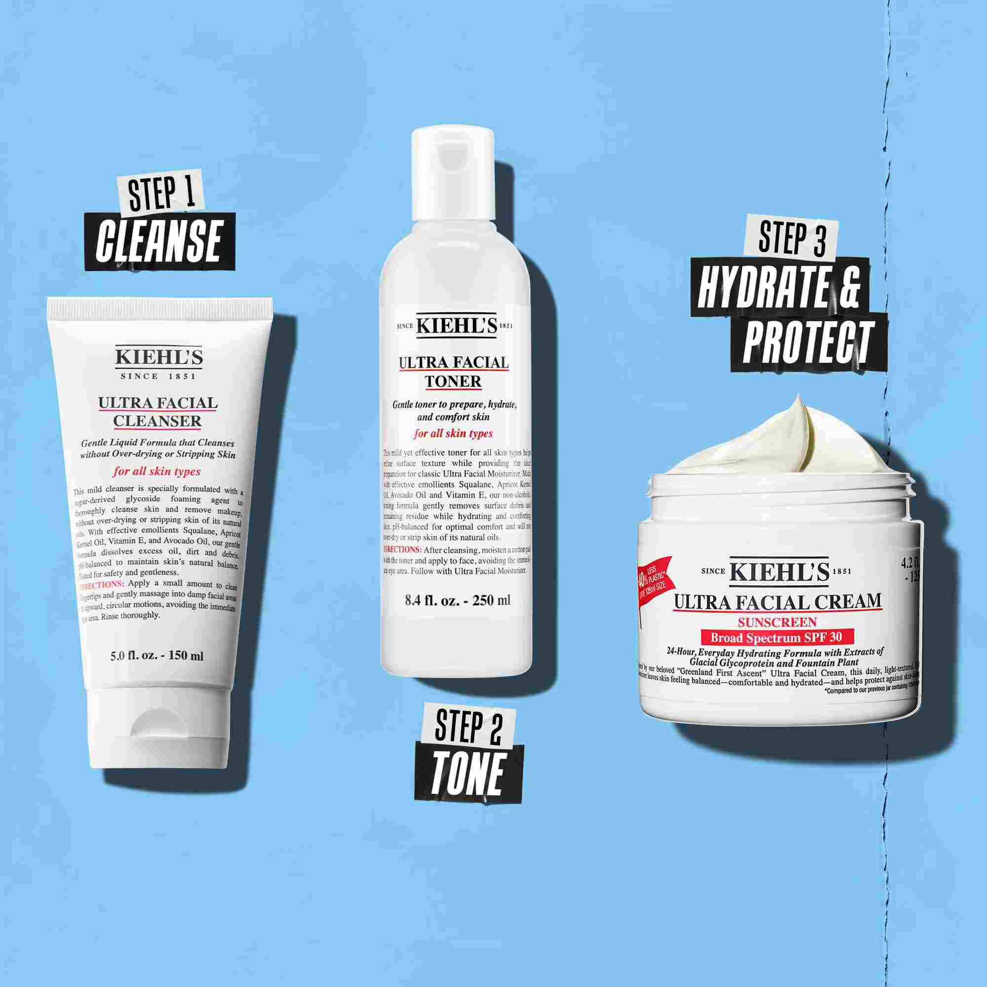 Haromlepeses rutin Kiehl's termekekkel. 1. lepes: Ultra Facial Cleanser. 2. lepes: Ultra Facial Toner. 3. lepes: Ultra Facial Cream SPF 30.