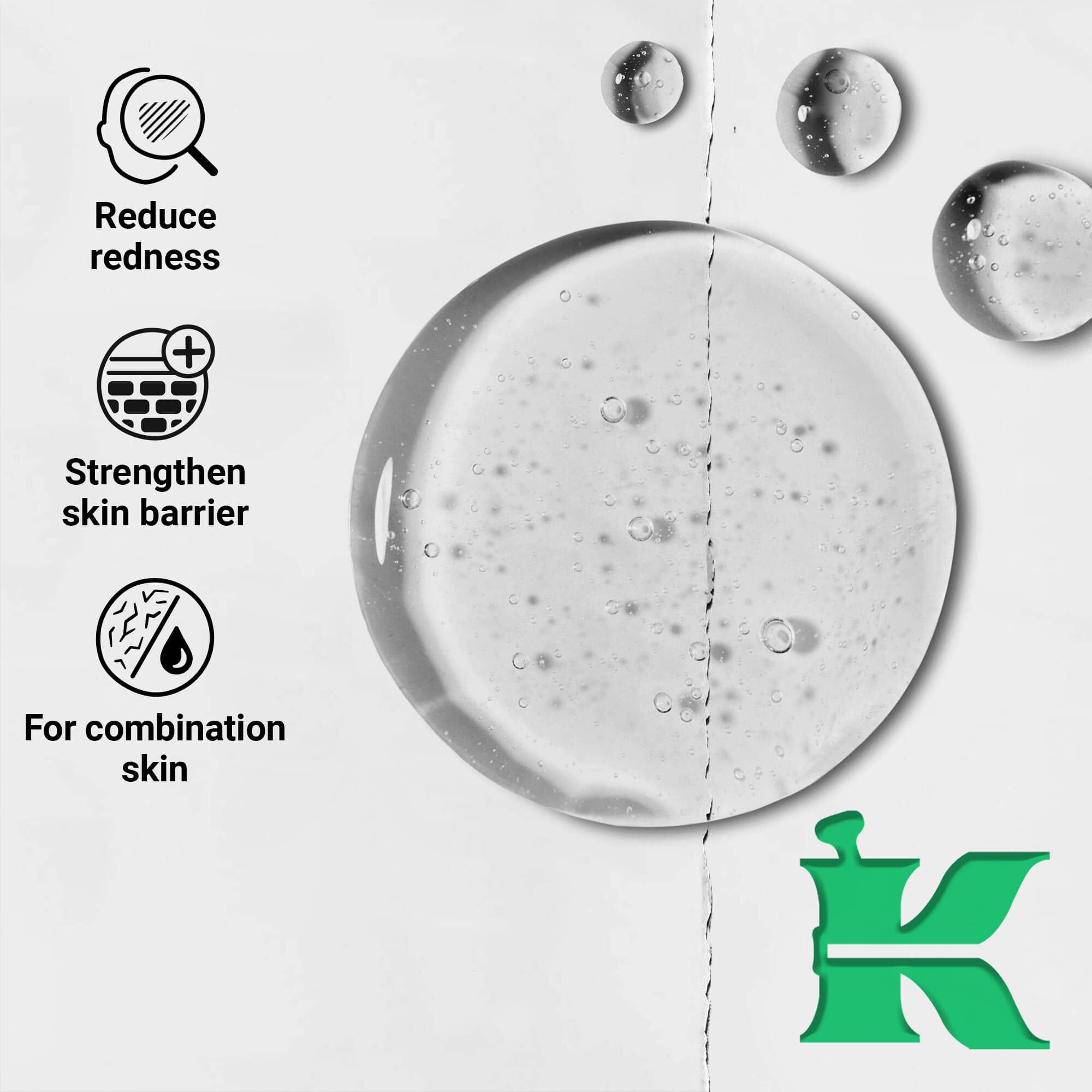 Texturafoto ikonokkal: csokkenti a bőrpirt, erősiti a bőrvedő gatat, kombinalt bőrre