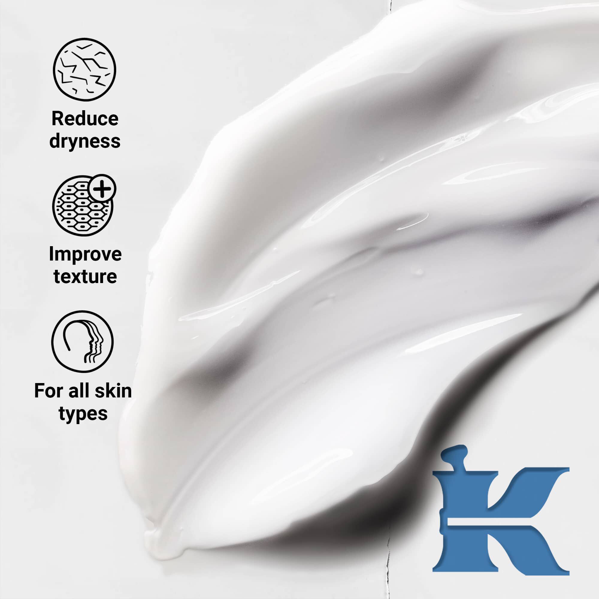 Termektextura foto, amely jelzi, hogy csokkenti a szarazsagot, javitja a bőrtexturat es minden bőrtipusra alkalmas