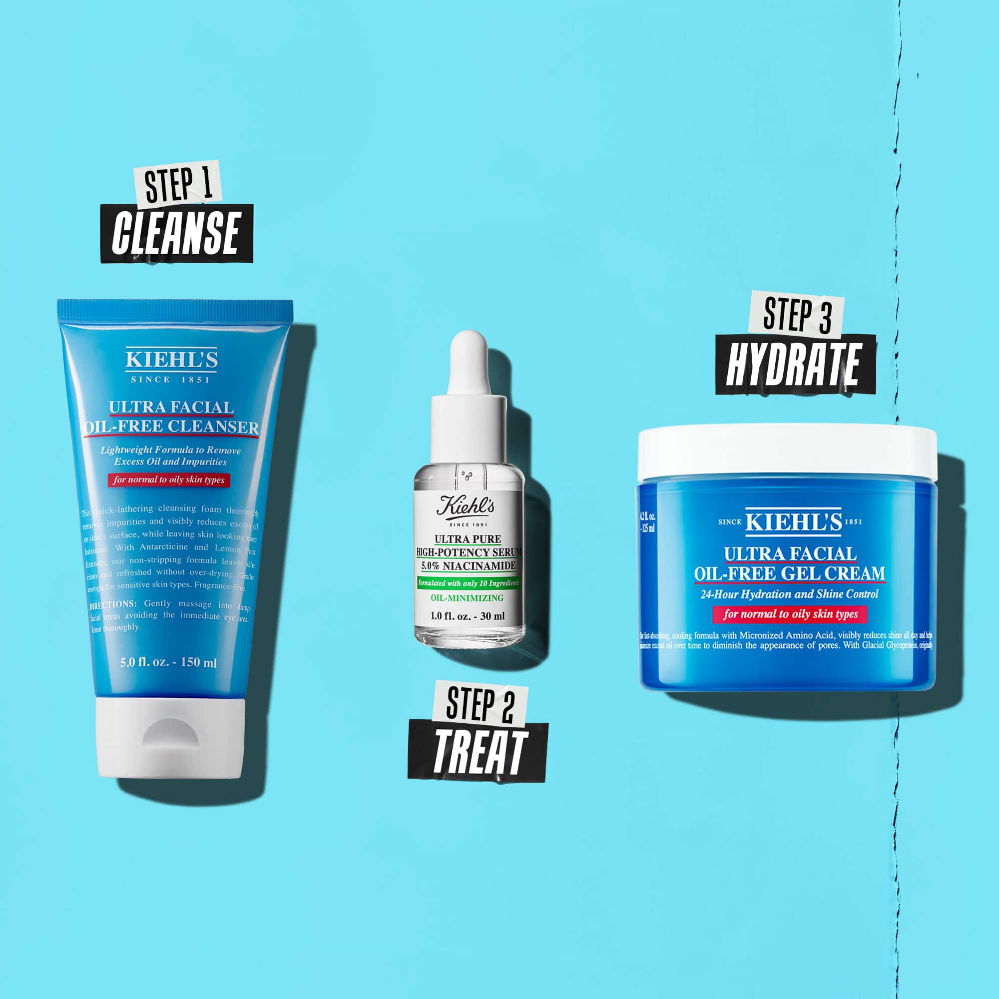 Haromlepeses rutin Kiehl's termekekkel. 1. lepes: Ultra Facial Oil-Free Cleanser. 2. lepes: Niacinamid szerum. 3. lepes: Ultra Facial Oil-Free Gel Cream.