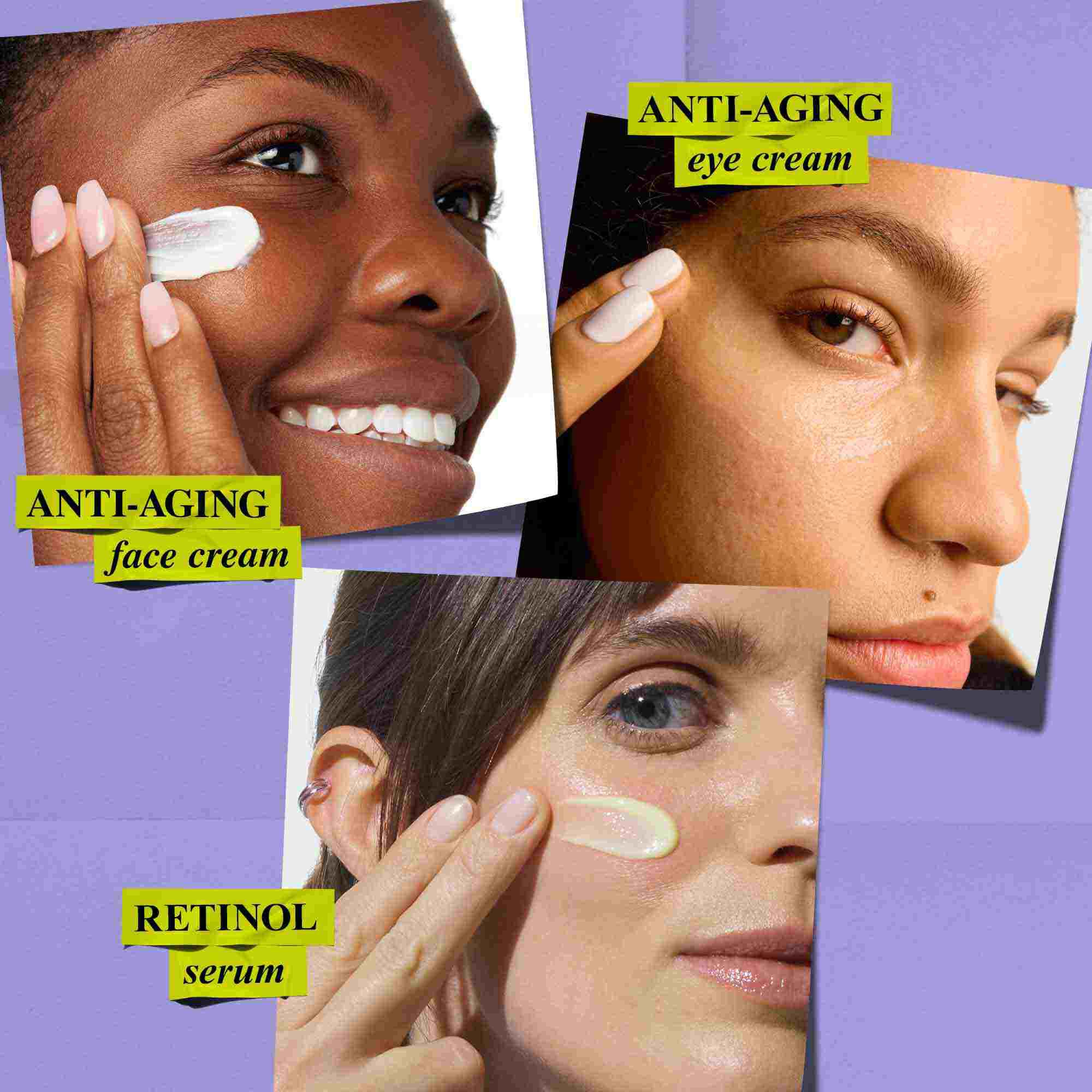 Three individuals apply Kiehl's anti-aging face cream, eye cream, and retinol serum, demonstrating product application for an anti-aging routine.