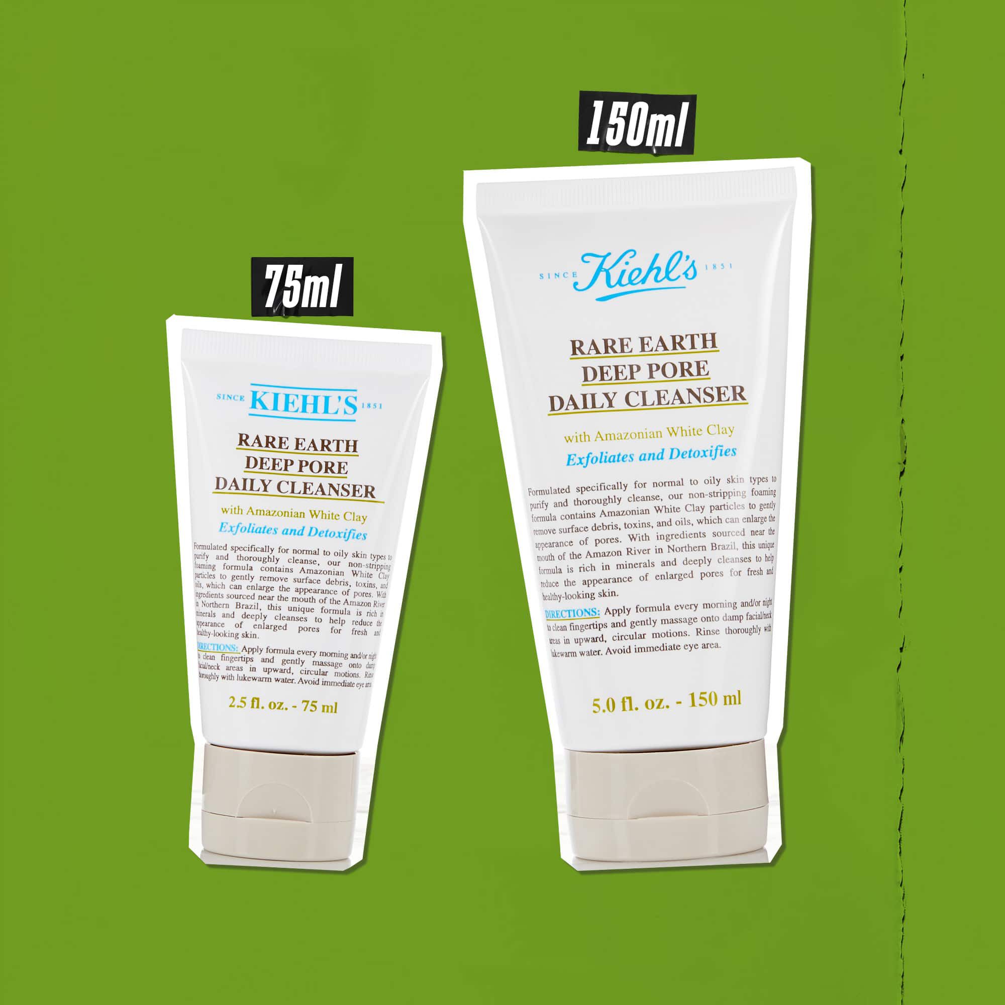 Harom Rare Earth Deep Pore Daily Cleanser tubus kulonboző meretekben (75 ml, 125 ml, 150 ml) zold hatter előtt.