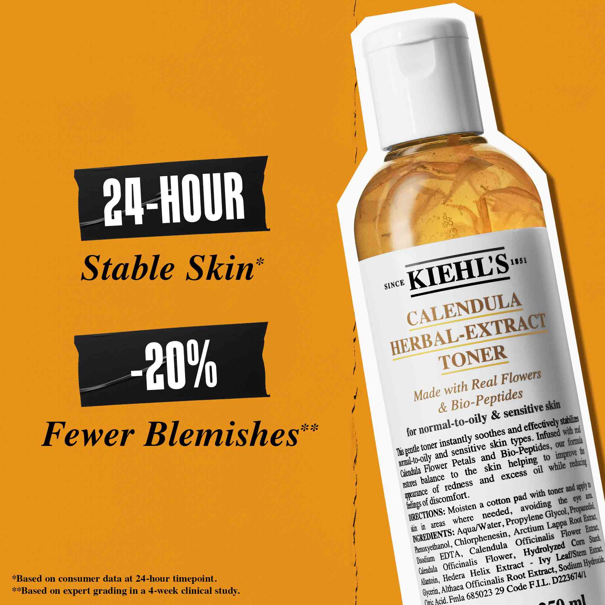 Egy Calendula Herbal-Extract Toner flakon narancssarga hatter előtt, a kovetkező szoveggel: „3 nap utan: Lathato első javulasok a bőrpir, zsirossag es kifenyesedes, valamint a porusok megjelenese teren.”