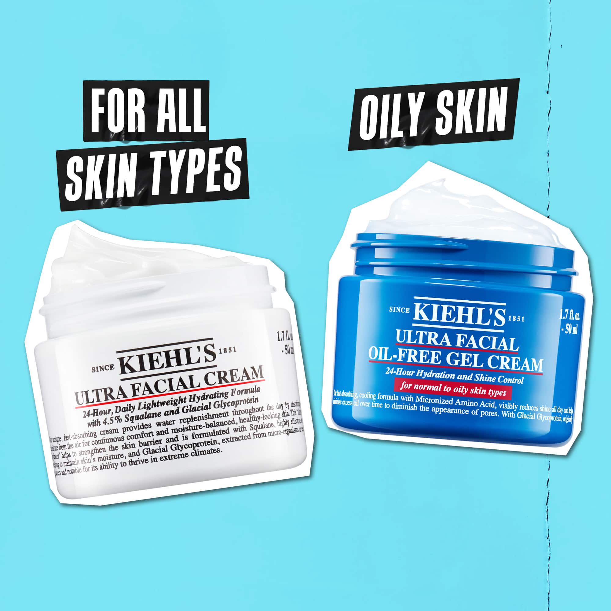 Ket Kiehl's tegely egymas mellett kek hatter előtt. Az Ultra Facial Cream felirata „Minden bőrtipusra”, az Ultra Facial Oil-Free Gel Cream felirata pedig „Zsiros bőrre”.