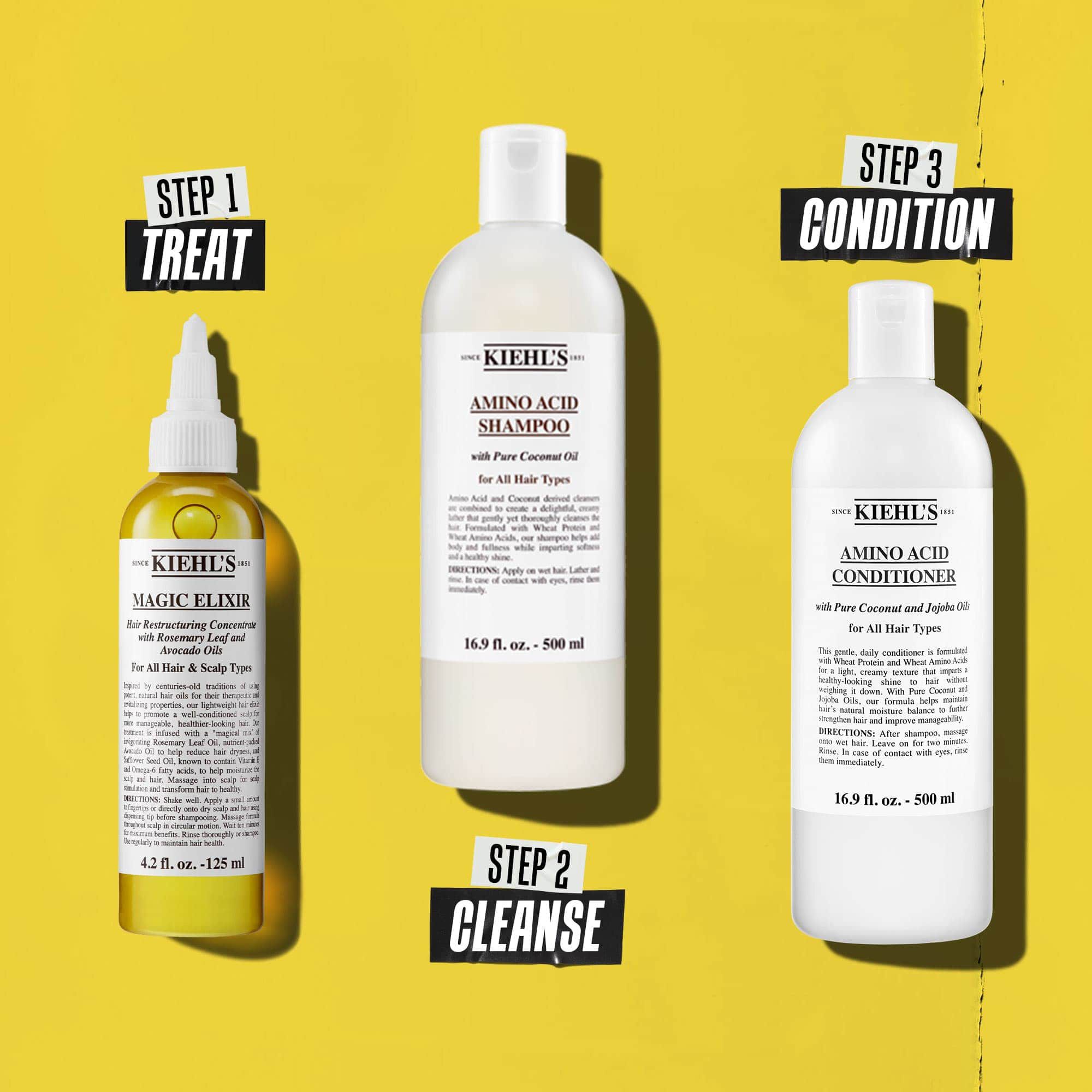 Haromlepeses hajapolasi rutin Kiehl's termekekkel. 1. lepes: Magic Elixir Hair Oil. 2. lepes: Amino Acid Shampoo. 3. lepes: Amino Acid Conditioner. A szoveg a lepeseket „Kezeles”, „Tisztitas” es „Kondicionalas” cimkekkel latja el.