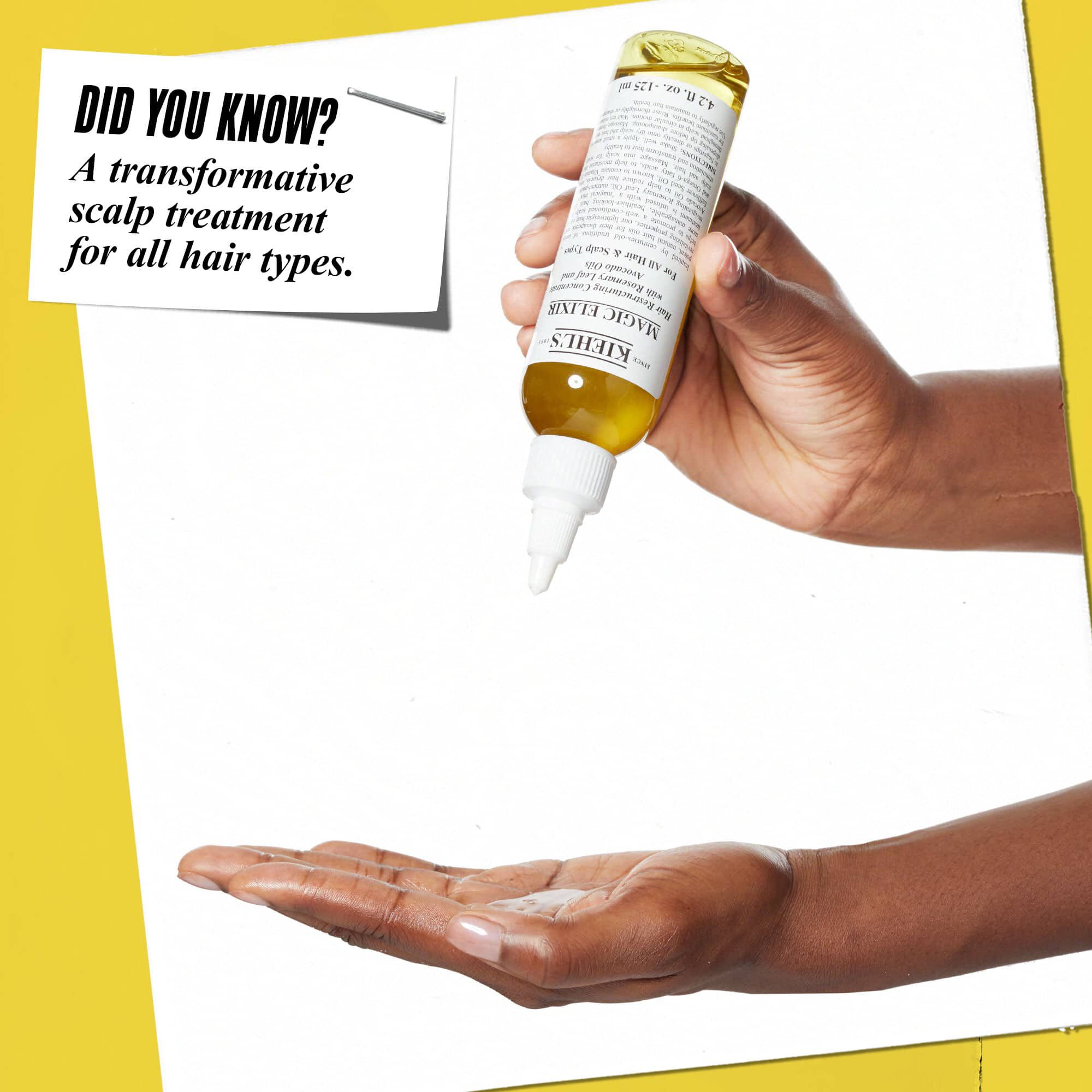 Egy kez Magic Elixir Hair Oil-t adagol a masik kezre. A szoveg jelentese: „Tudta? Atalakito fejbőrkezeles minden hajtipusra.”