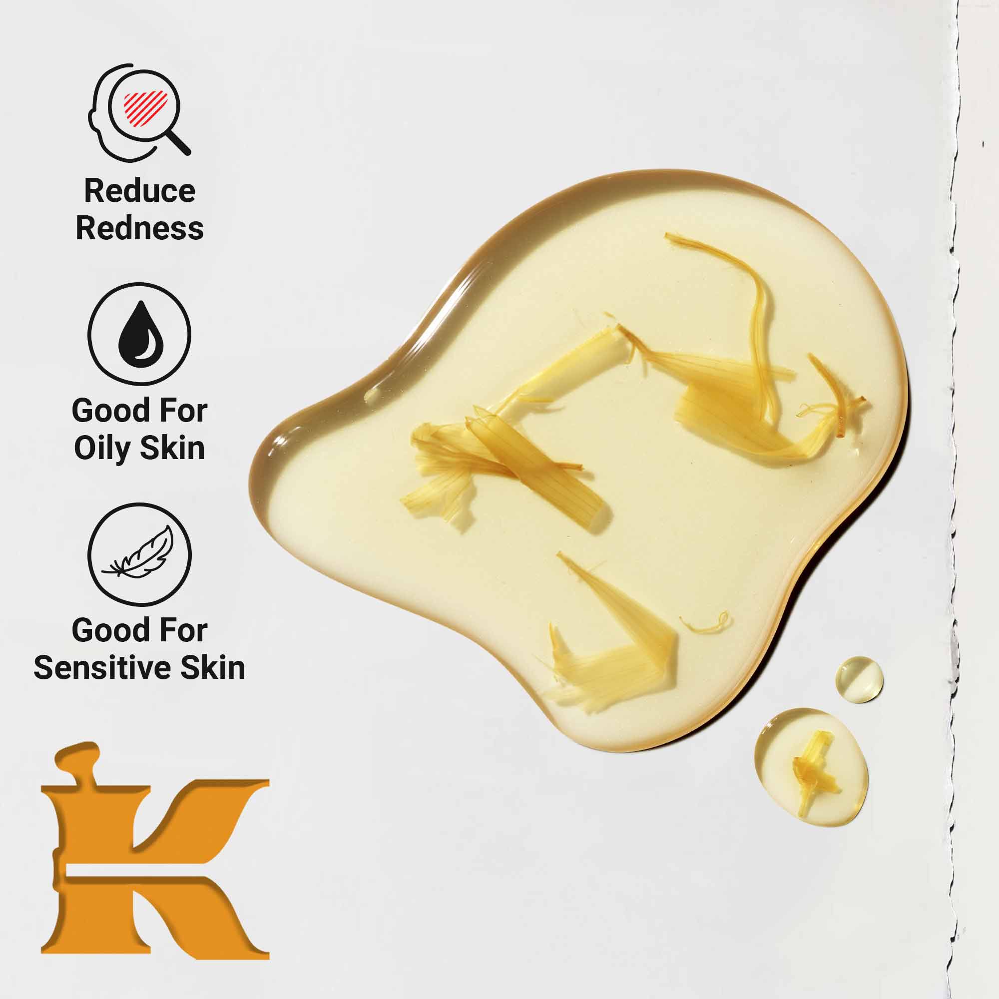 A Calendula Herbal-Extract Toner texturajanak kozelkepe, koromviragszirmokkal atitatott folyadekcsikkal. A szoveg kiemeli a bőrpir csokkentesenek előnyeit, valamint a zsiros es erzekeny bőrre valo alkalmassagot.