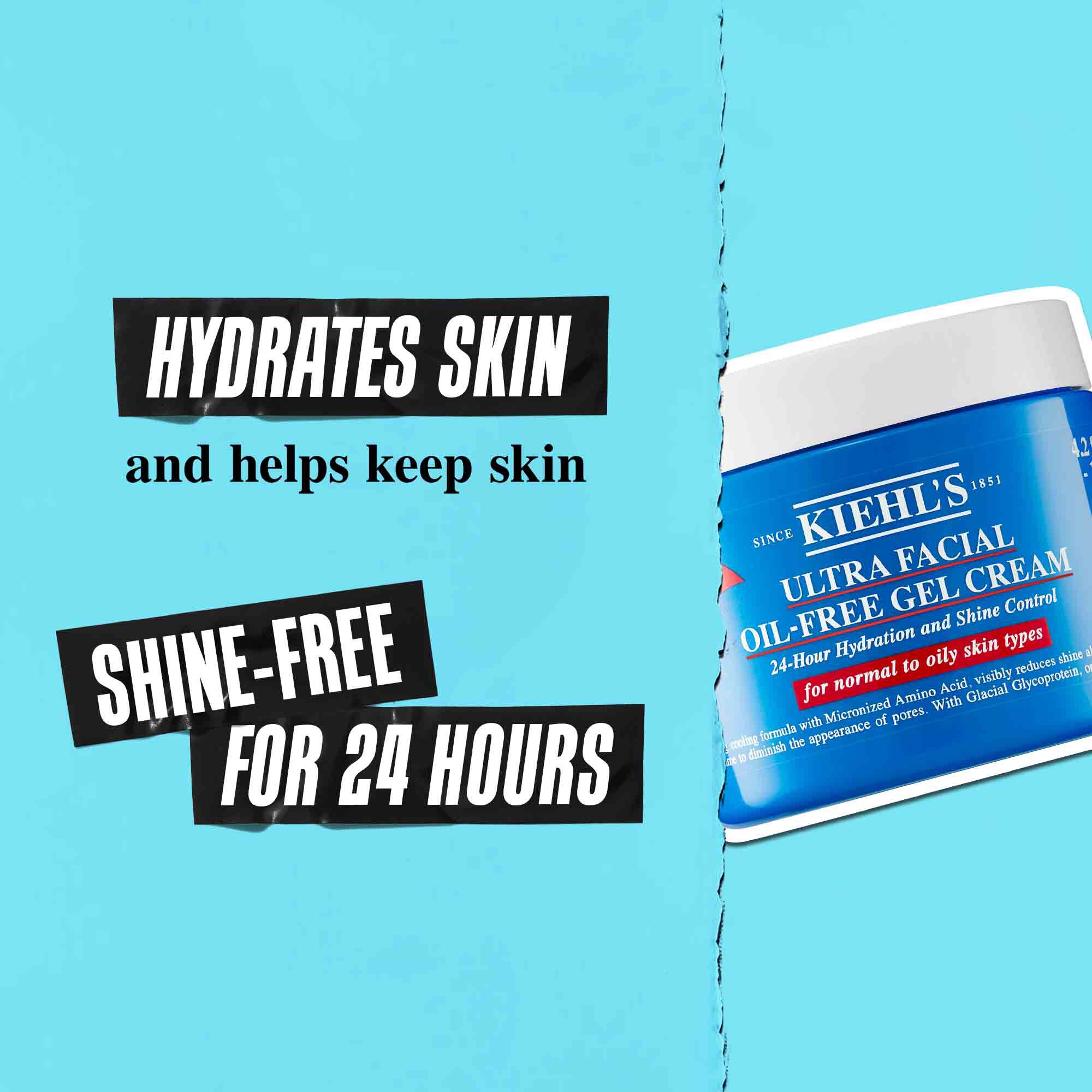 Egy Ultra Facial Oil-Free Gel Cream tegely kek hatter előtt, a szoveg jelentese: „Hidratalja a bőrt es segit 24 oran at fenymentesen tartani.”