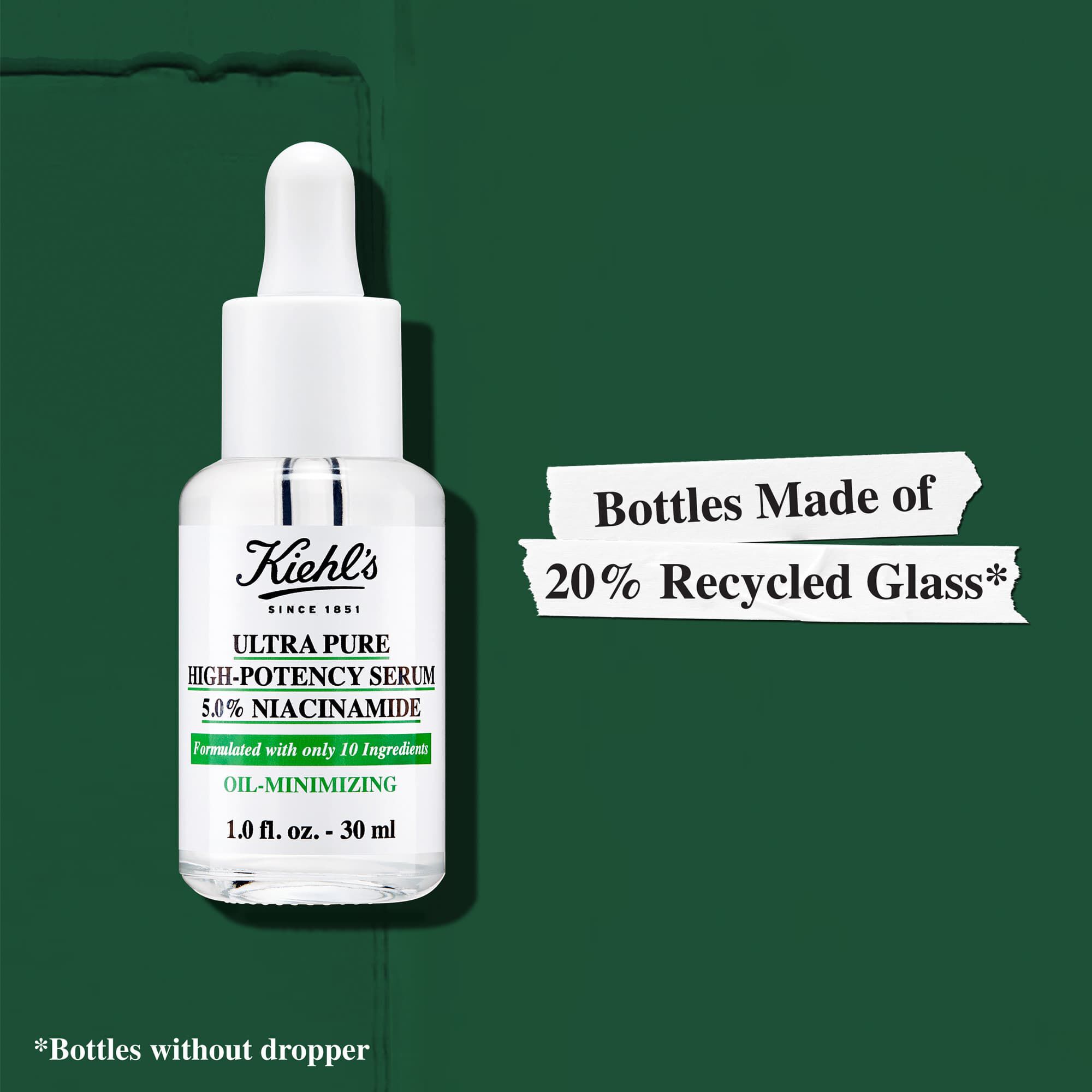 A Kiehl's Ultra Pure High-Potency Serum flakonjai 20%-ban ujrahasznositott uvegből keszulnek