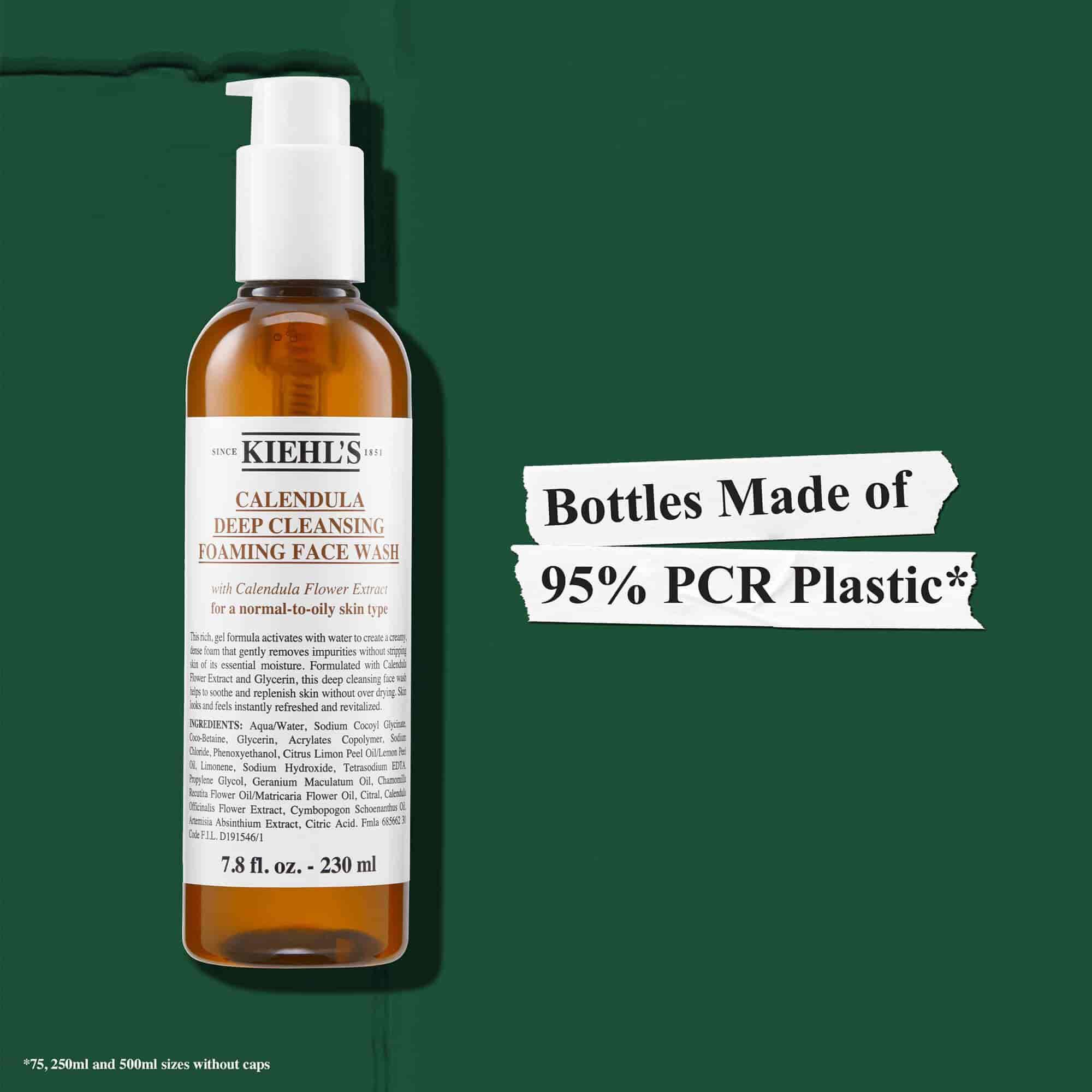 A Kiehl's Calendula Foaming Face Wash flakonjai 95%-ban ujrahasznositott muanyagbol (PCR) keszulnek