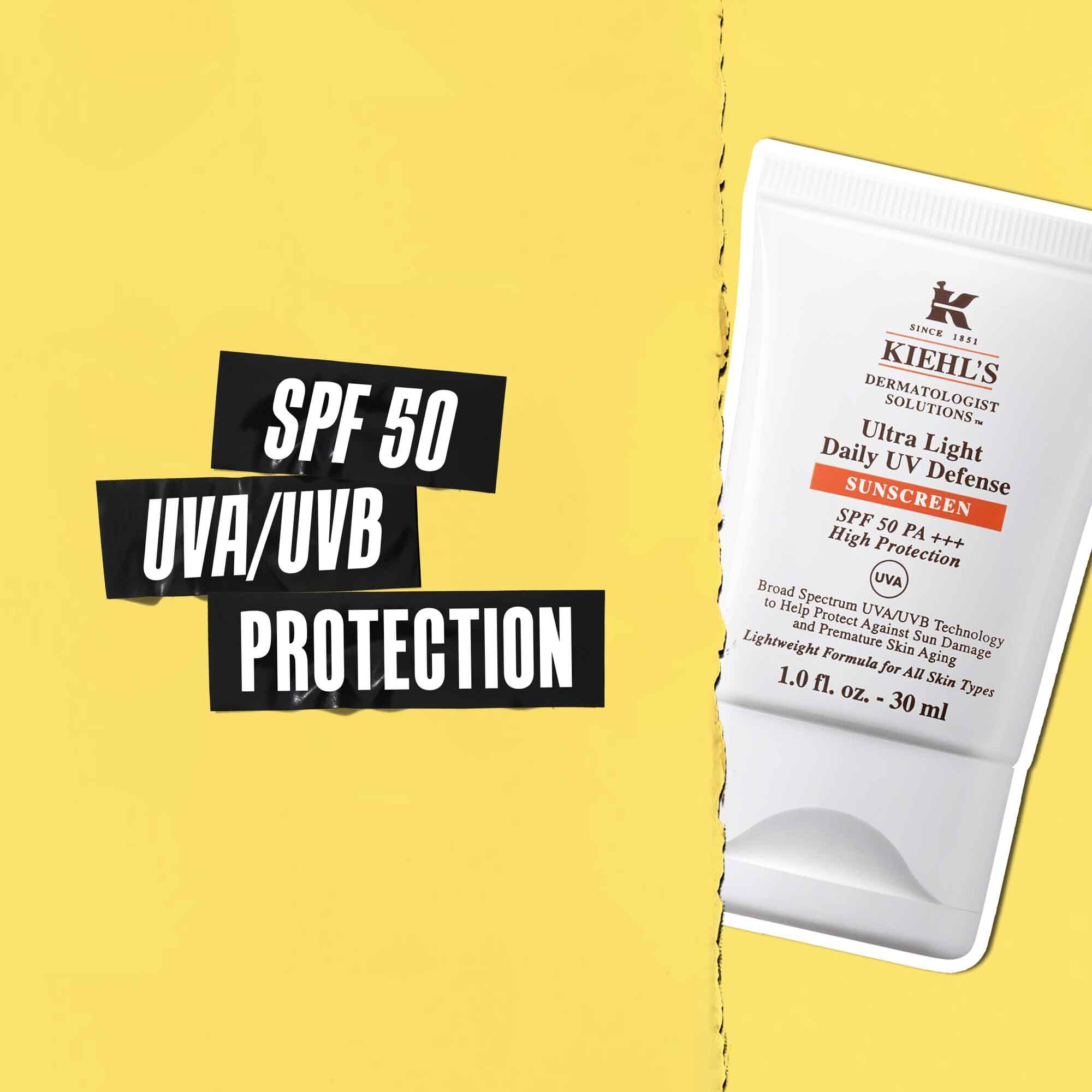 SPF 50 UVA/UVB vedelem felirat fekete szalagon, mellette az Ultra-Light Daily UV Defense tubus kepevel.