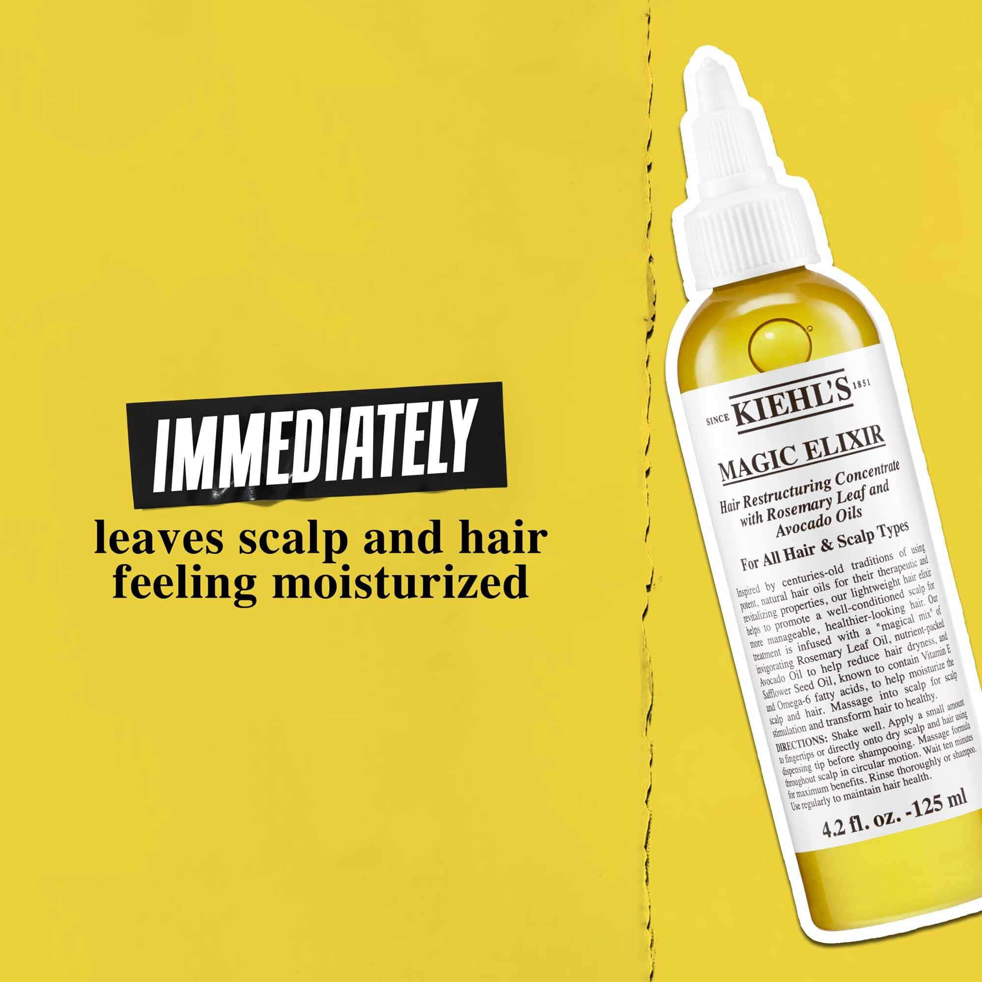 Egy Magic Elixir Hair Oil flakon arany hatter előtt, a szoveg jelentese: „Azonnal hidratalt erzest hagy a fejbőron es a hajon.”