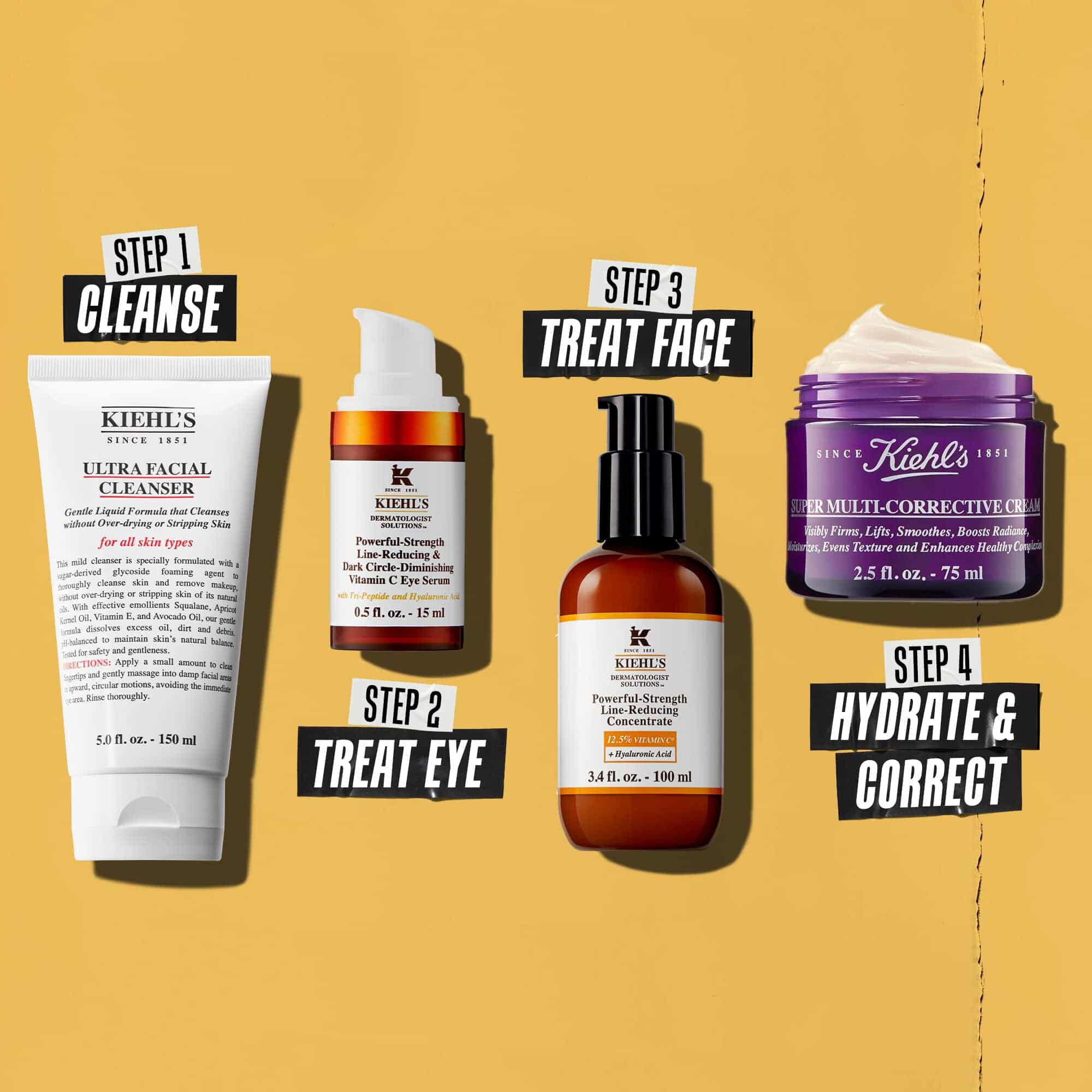 Negy Kiehl's termek, amelyek egy bőrapolasi rutint alkotnak. Balrol jobbra: arctisztito, szemkornyekapolo, Powerful-Strength Line-Reducing Concentrate es hidratalo krem.