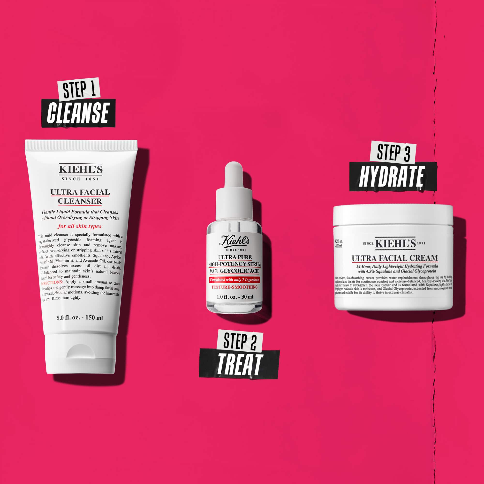 Haromlepeses rutin Kiehl's termekekkel. 1. lepes: Ultra Facial Cleanser. 2. lepes: Glikolsav szerum. 3. lepes: Ultra Facial Cream.