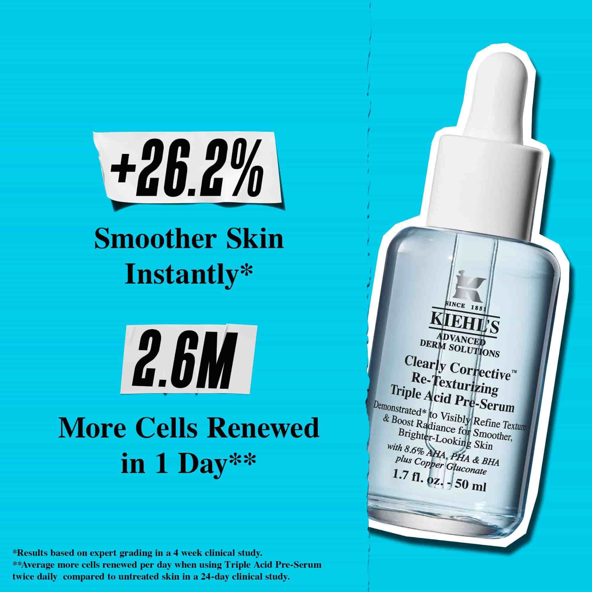 Egy uveg Clearly Corrective Triple Acid Peel kek hatter előtt, a szoveg jelentese: „+41%-kal simabb textura.”