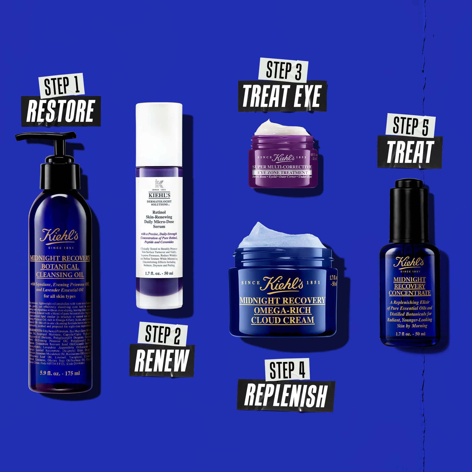 Otlepeses esti rutin Kiehl's termekekkel. Balrol jobbra: arctisztito, retinol szerum, szemkornyekapolo, hidratalo krem es Midnight Recovery Concentrate.