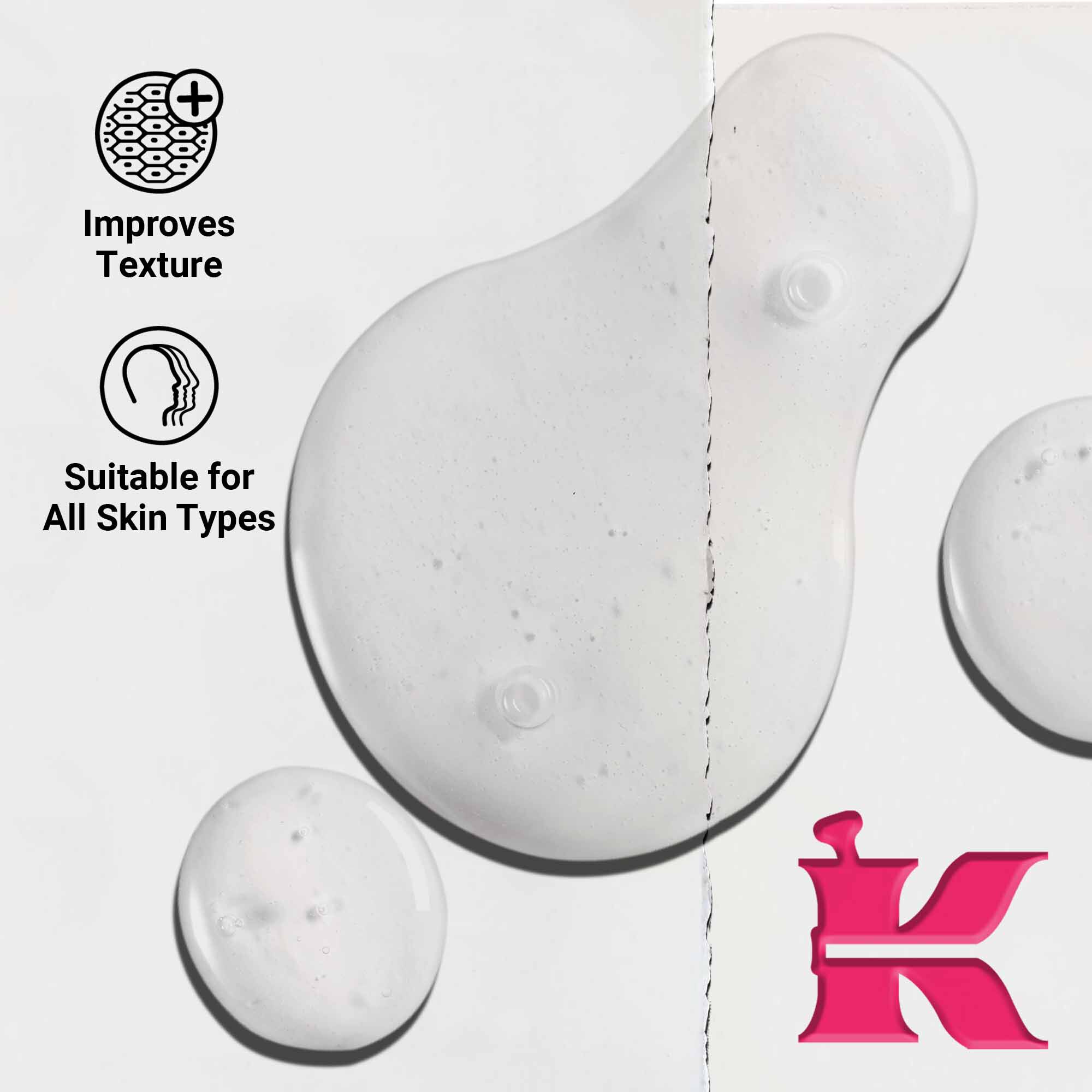 Az Ultra Pure 9.8% Glycolic Acid Serum texturajanak kozelkepe, amely tiszta folyadekcseppeket mutat. A szoveg kiemeli a texturajavito kepesseget es azt, hogy minden bőrtipusra alkalmas.