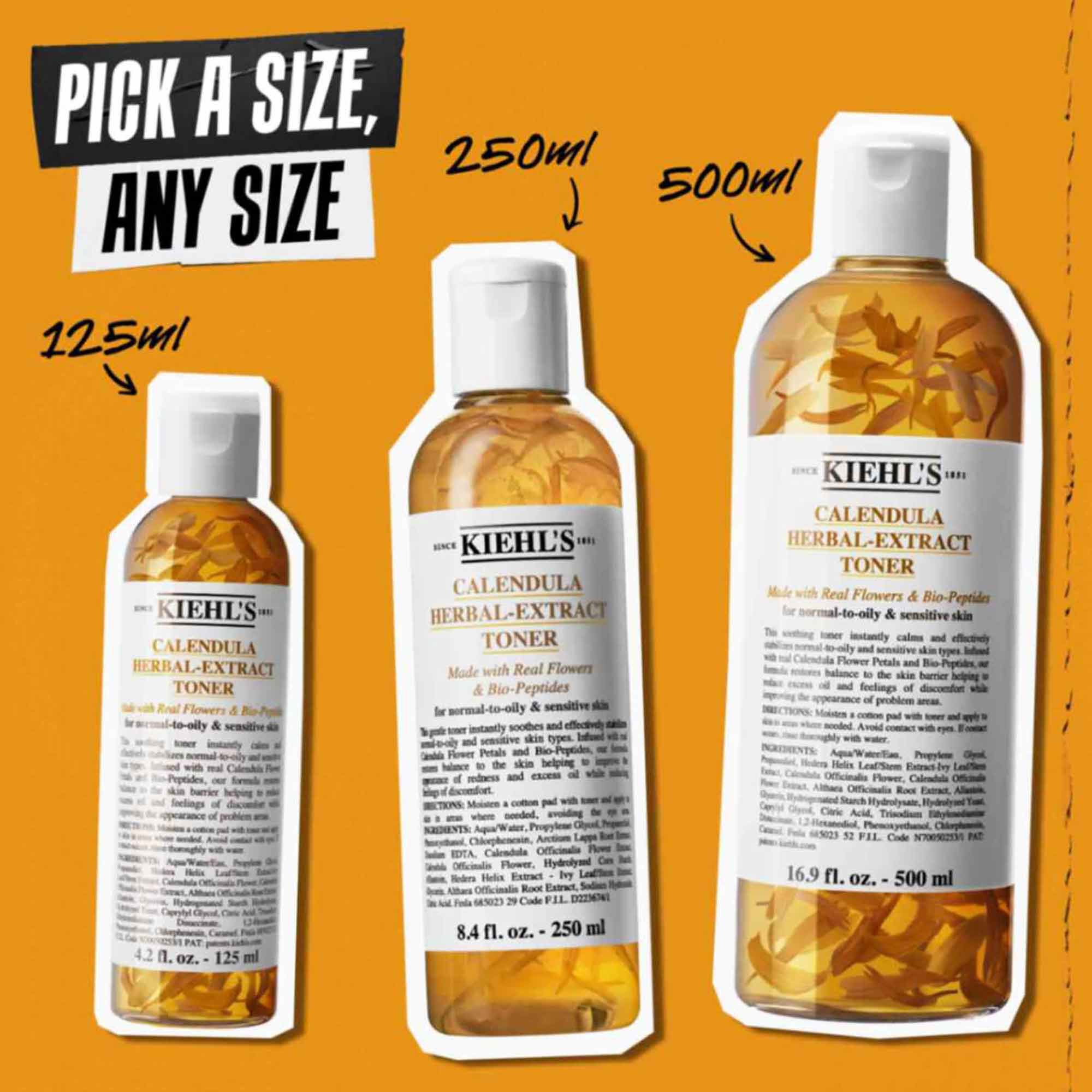 Harom Calendula Herbal-Extract Toner flakon kulonboző meretekben (125 ml, 250 ml, 500 ml) narancssarga hatter előtt, „Valasszon meretet, barmilyen meretet” felirattal.