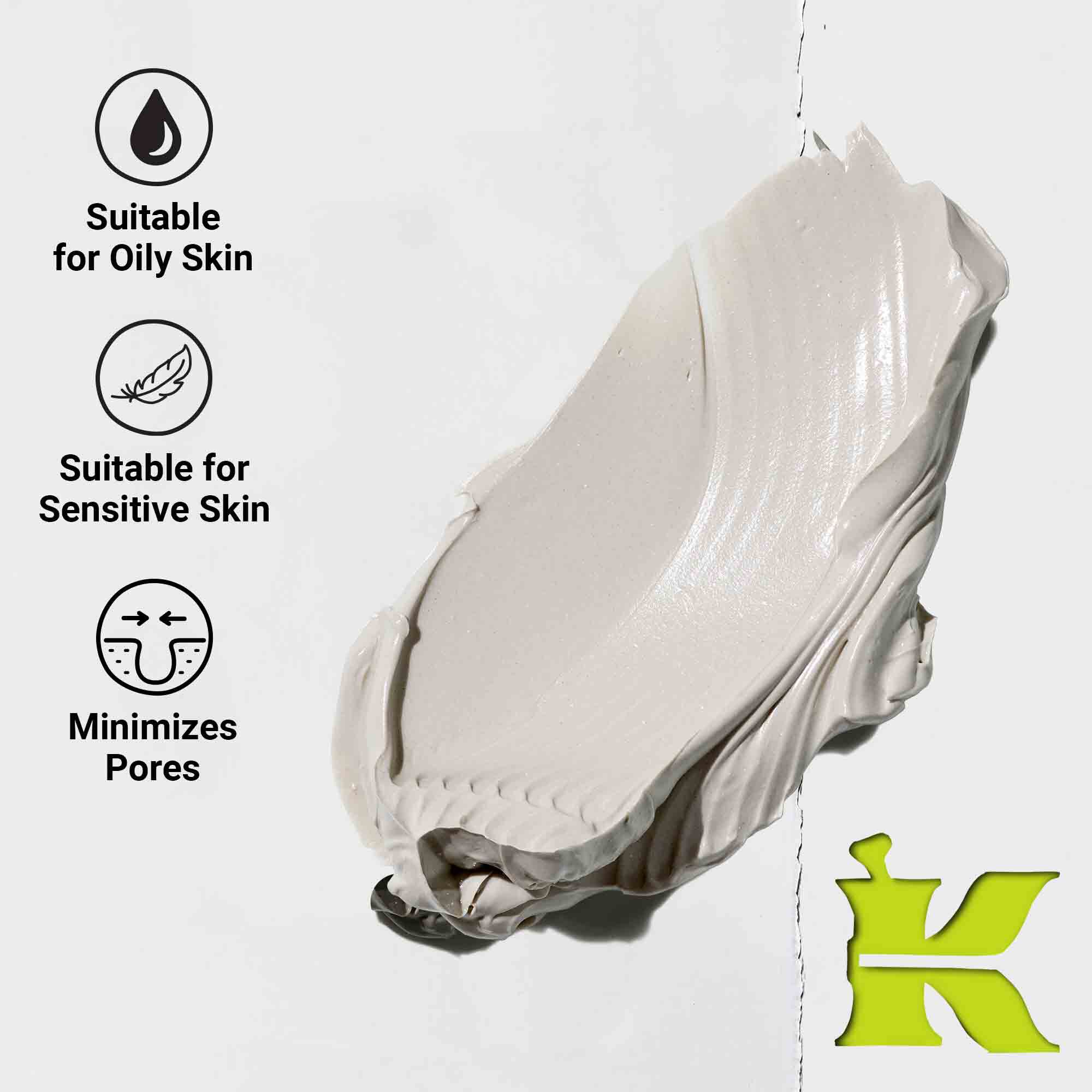 Texturafoto ikonokkal, amelyek jelzik, hogy csokkenti a porusokat, termeszetes osszetevőket tartalmaz es minden bőrtipusra alkalmas