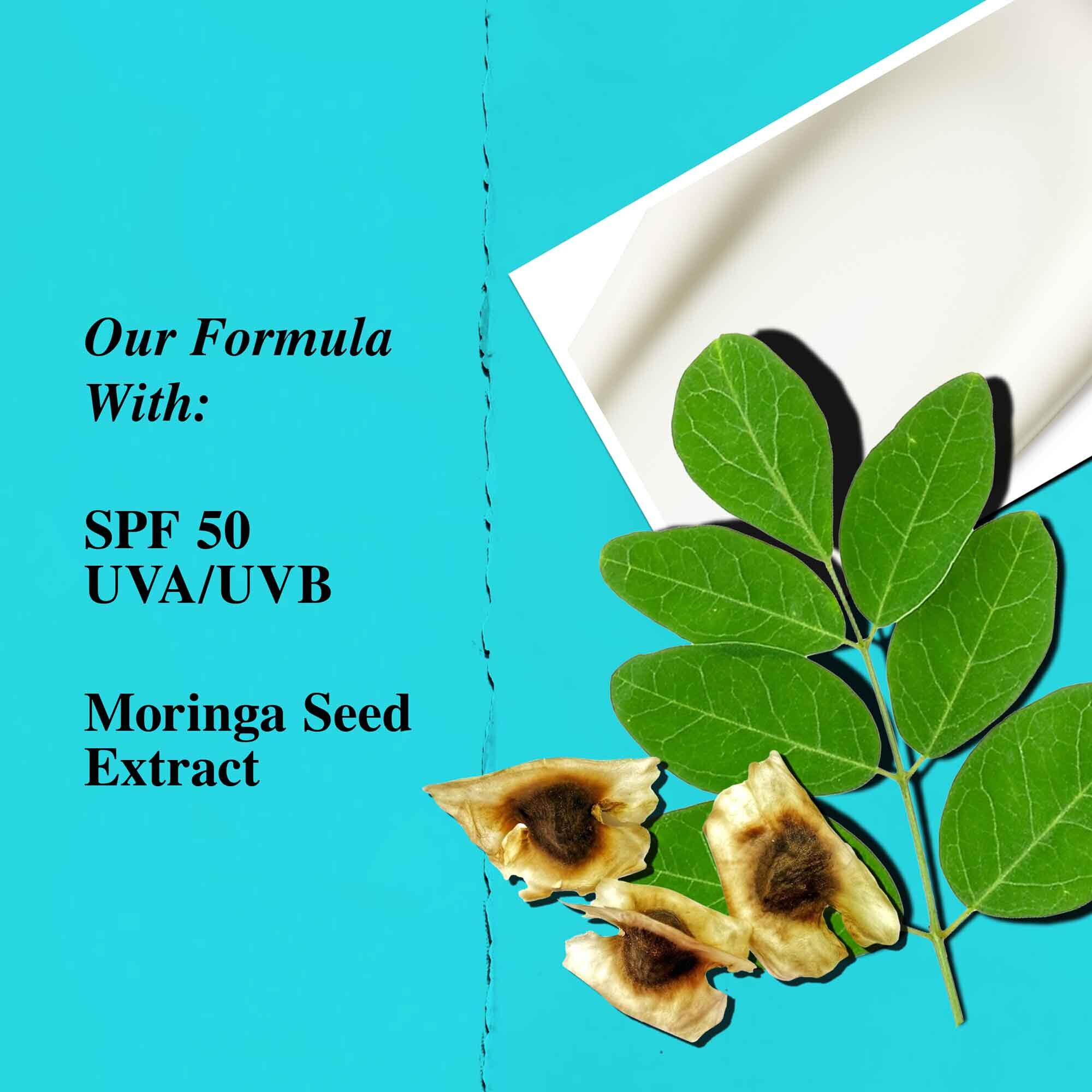 Az Ultra Light Daily UV Defense Aqua Gel kulcsfontossagu osszetevőit, koztuk az SPF 50-et es a moringamag-kivonatot kiemelő grafika.