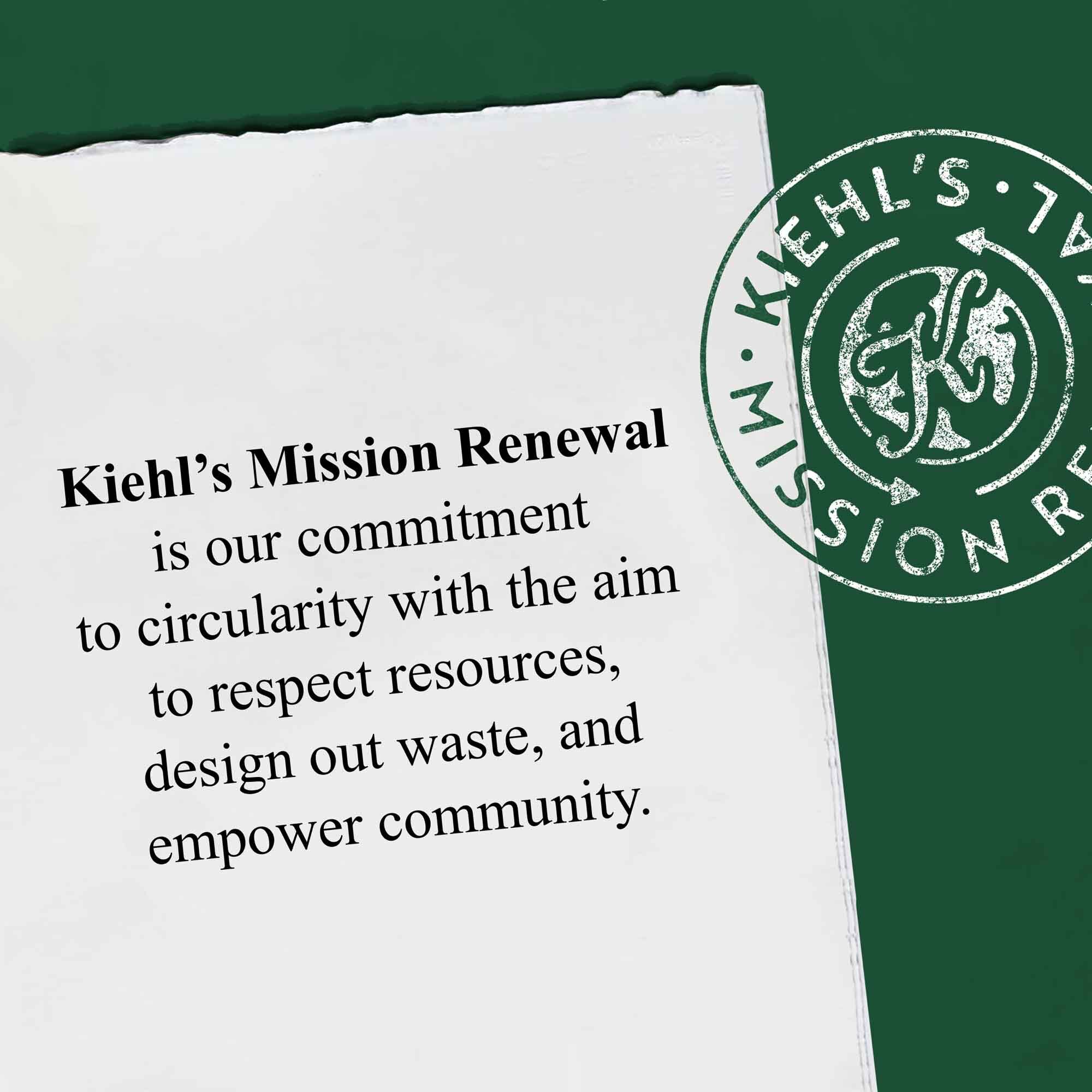 A Kiehl's Mission Renewal osszefoglalo grafikaja az erőforrasok vedelmeről, a hulladekmentes tervezesről es a kozossegek megerősiteseről szolo szoveggel.